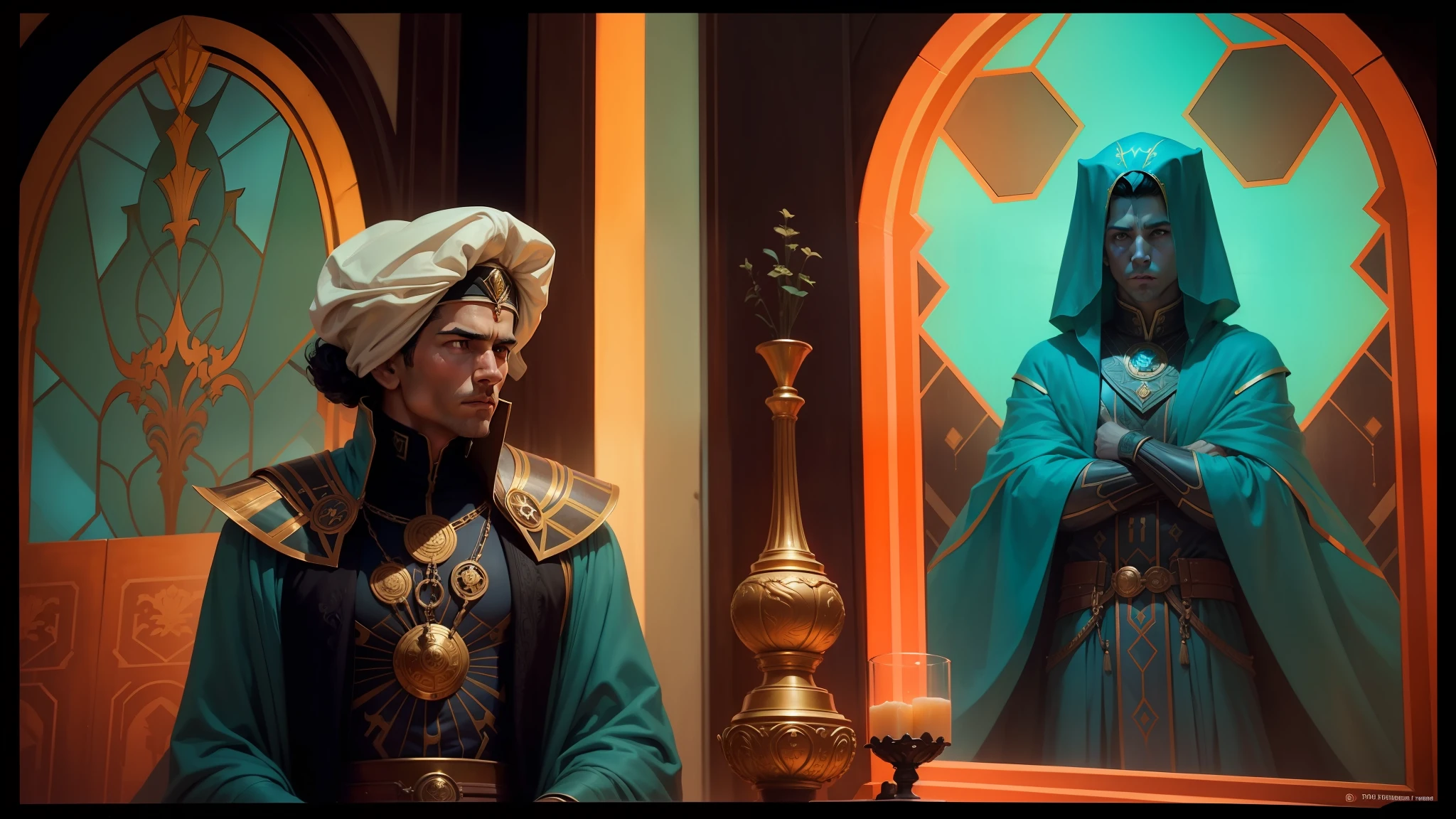 there is a man in a costume standing in front of a painting, film still from dune 2020, jc leyendecker and sachin teng, intricate stained glass triptych, 1 9 8 6 movie screenshot, frost giant, cgsociety 9, royal portrait, tumblr aesthetic, grainy 1985 cinematography, light-blue steel-plate, proud emperor --auto --s2