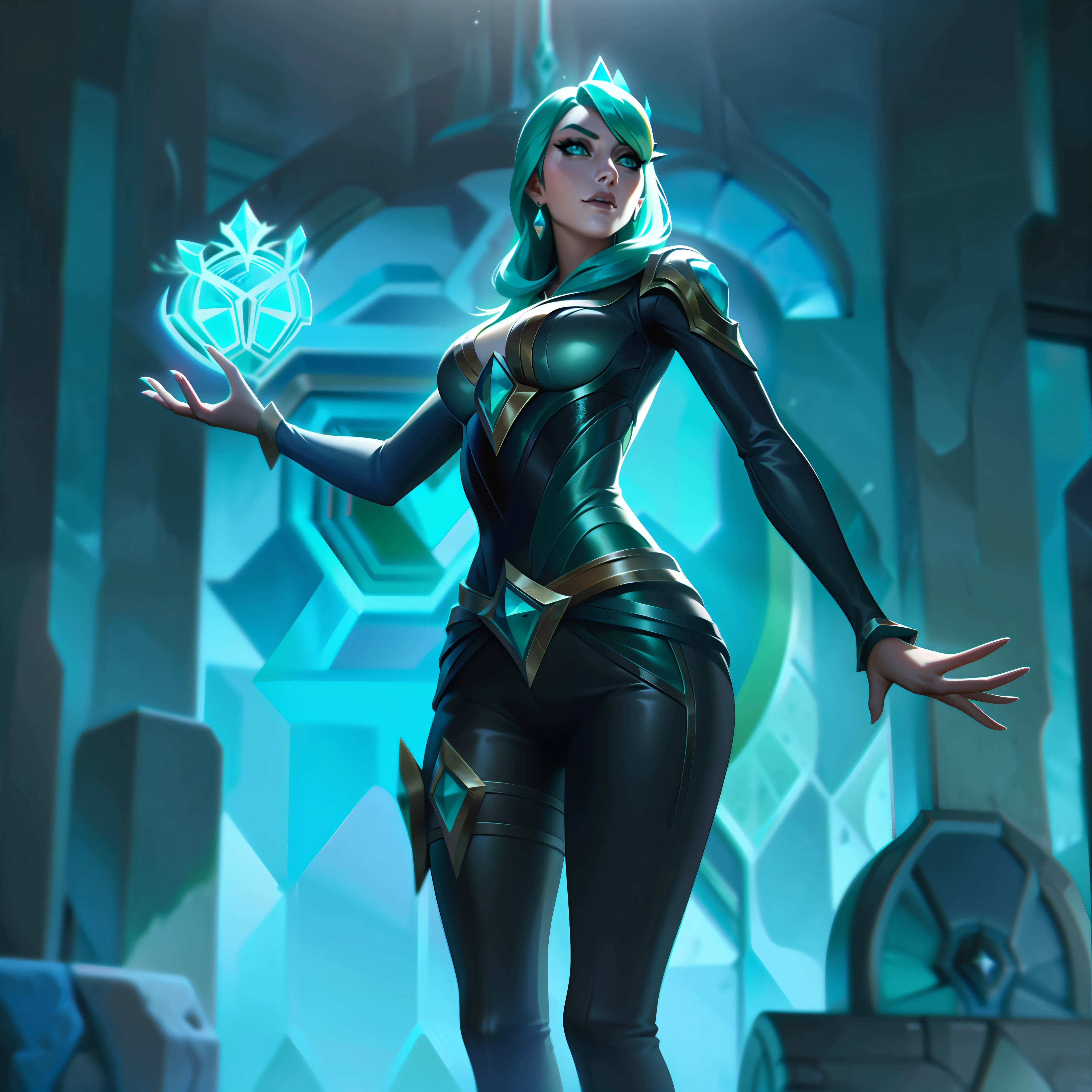 mulher + ice crown + green + leather + comfy splashart, splashart, league of legends splashart, arte, pincelada, obra-prima, 8k, ultra detalhado, HD