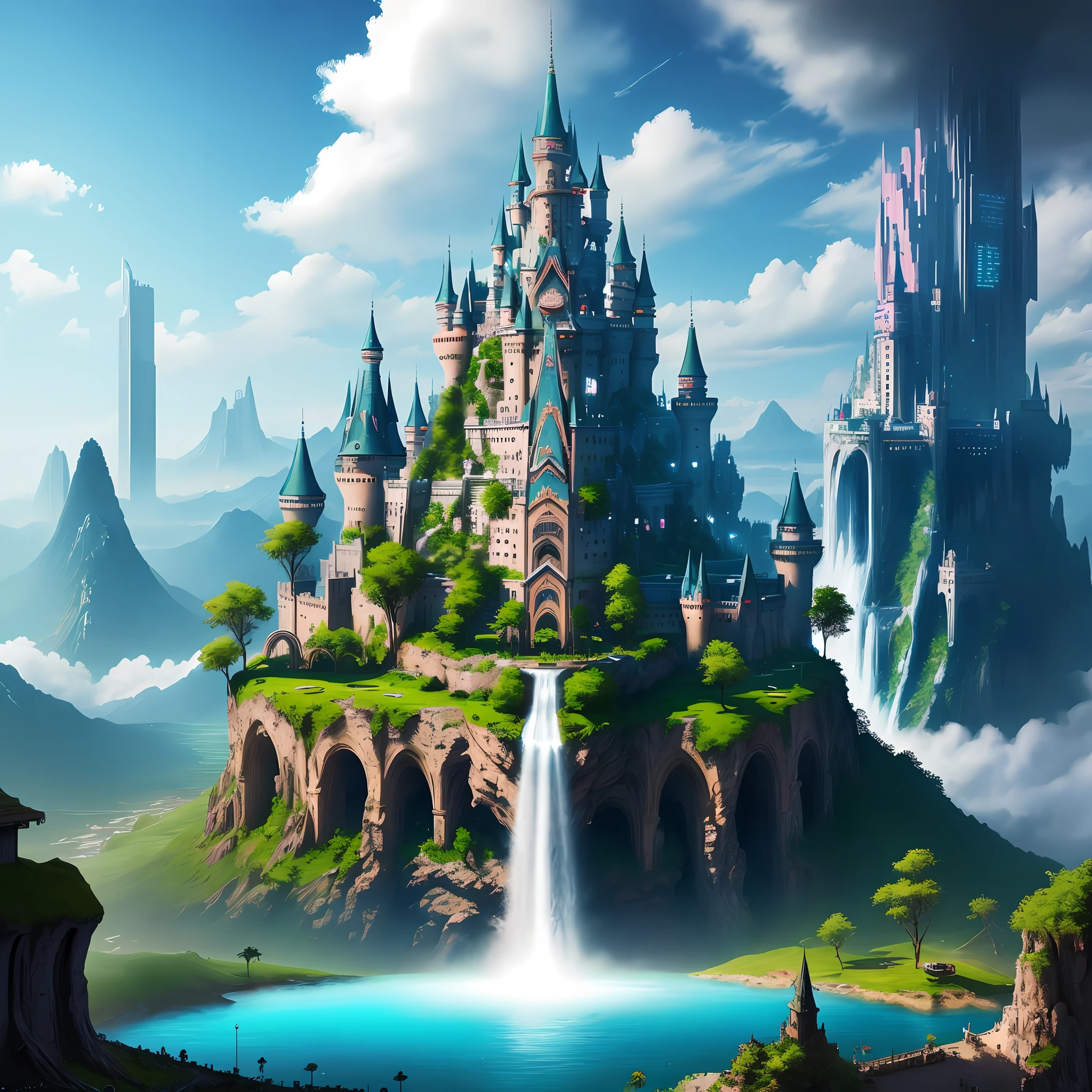 Super Huge Castle Paradise Heaven Giant Cyberpunk Top Quality Utopia Waterfall Mother Nature