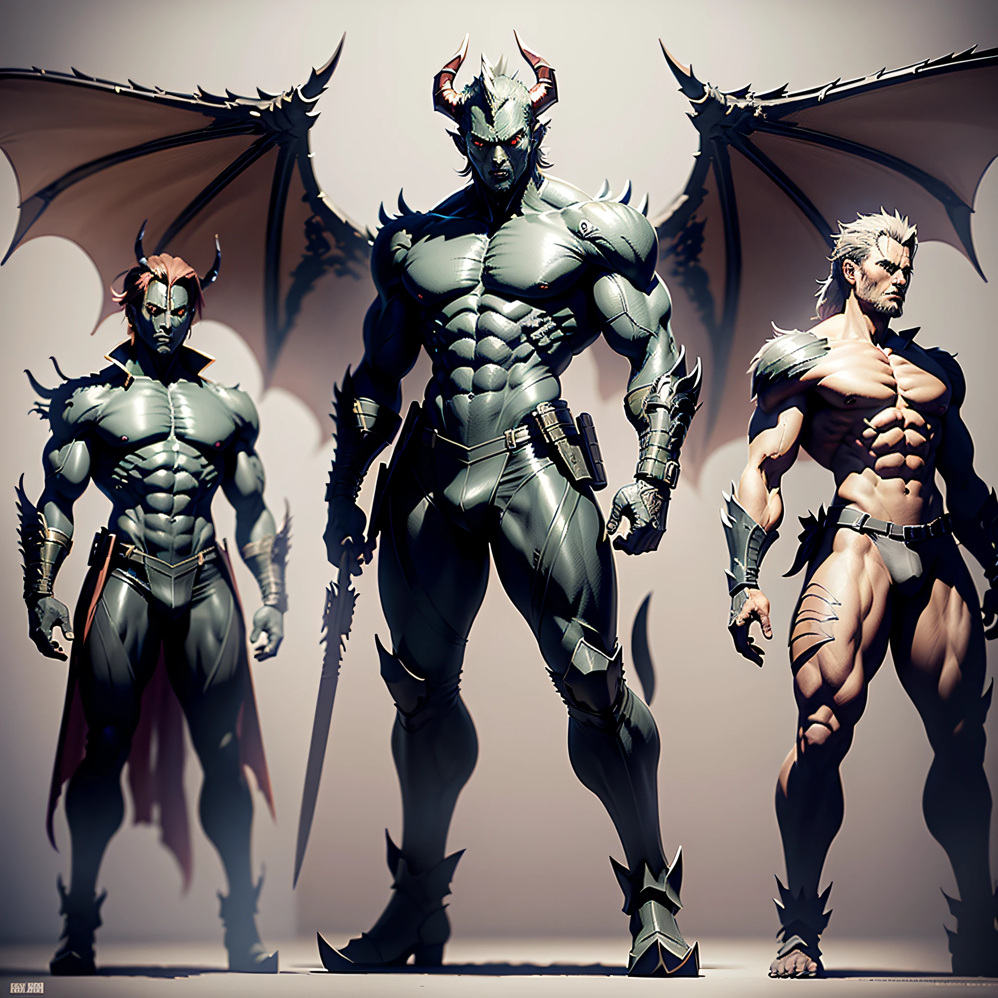 ANIME DEMON CHARACTER, FULL BODY, standing, , HORNS, DRAGON WINGS ((design sketches)), (masterpiece), extremely detailed, (original design), (random power poses), (unique accessories, MUSCULAR AND TALL), BLACK SKIN, DINOSAUR LEATHER, HUGE CLAWS professionally retouched, white background, (male: 1.1) (government officer pants r: 0.8), (dirty: 1.1), (movement: 0.8), (young: 1.3), (sprint: 0.6) (concept the walking dead) (Metal gear solid) --auto --s2