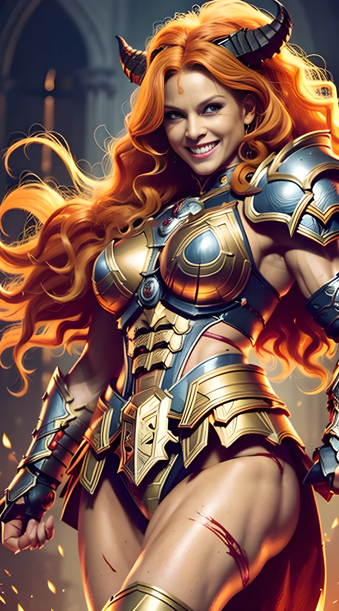 Woman between 30 years, strong, muscular, model, long hair, demonic smile, manic smile, afro hair, voluminous and wavy hair, orange hair, optimistic, smiling, cheerful, destructive, garish yellow hair, strong armor, warrior, epic armor, orange divine armor, infernal armor, orange devilish armor, conan, womanizer, muscles