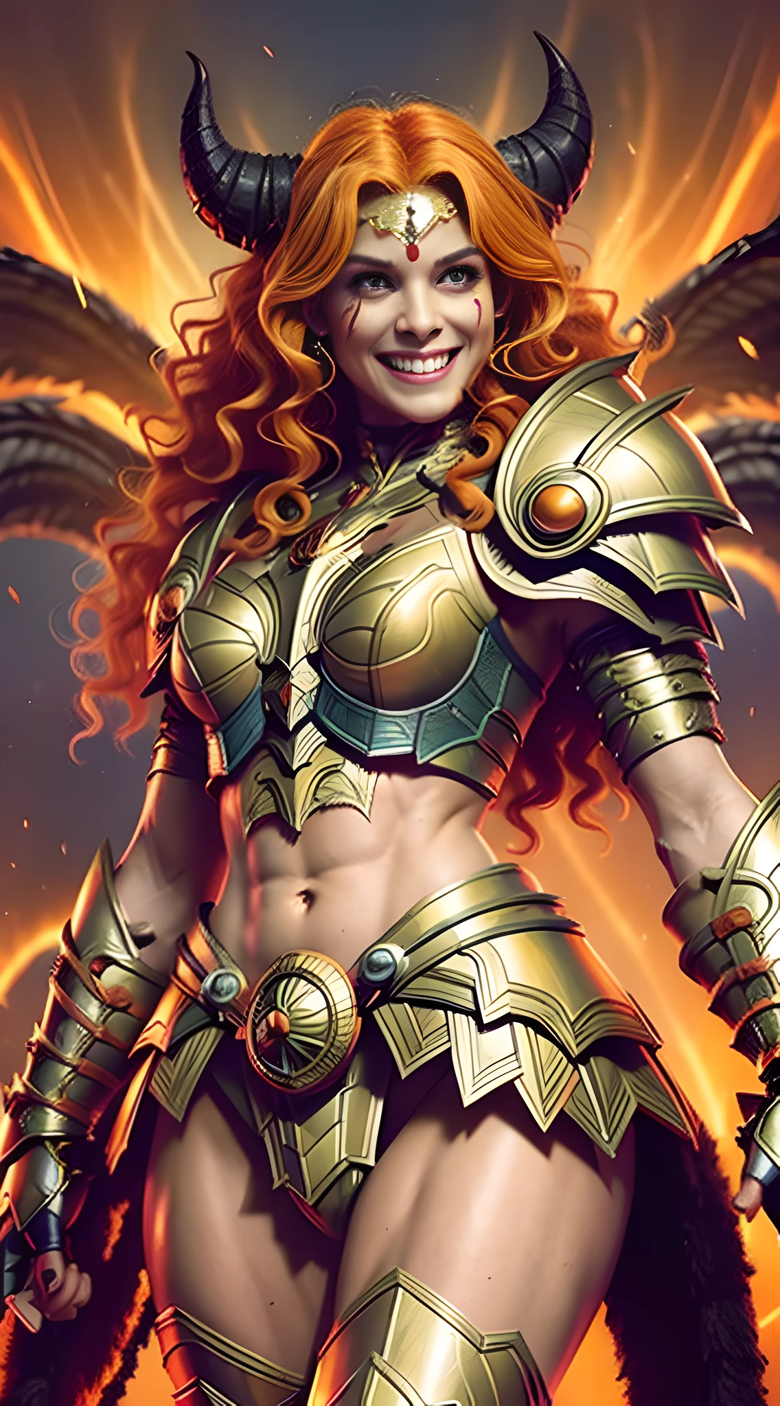 Woman between 30 years, strong, muscular, model, long hair, demonic smile, manic smile, afro hair, voluminous and wavy hair, orange hair, optimistic, smiling, cheerful, destructive, garish yellow hair, strong armor, warrior, epic armor, orange divine armor, infernal armor, orange devilish armor, conan, womanizer, muscles