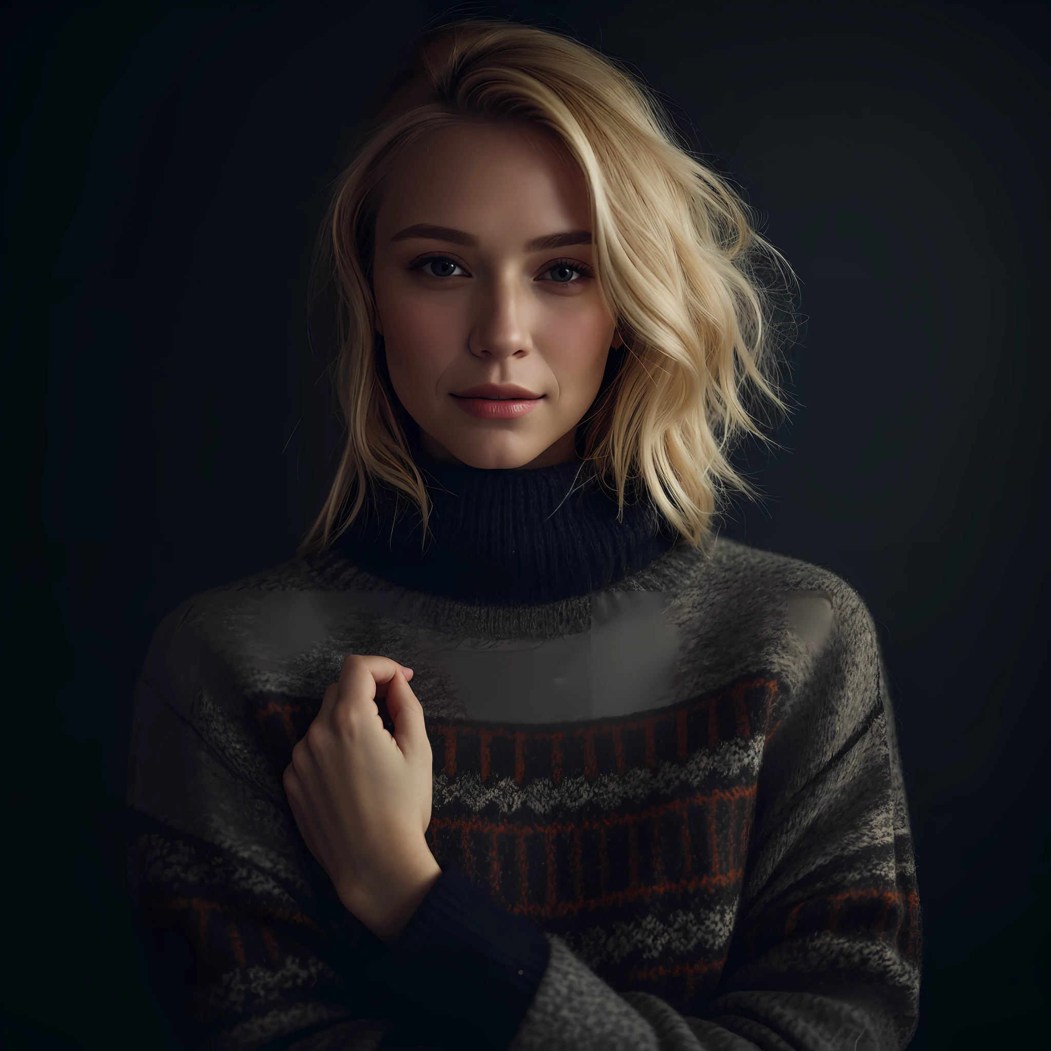Portrait of a model woman with blond hair in a warm designer sweater, in the style of branded clothing, With the sweater in full view, Panasonic GH5, happy expressions, low key image, sharp texture -