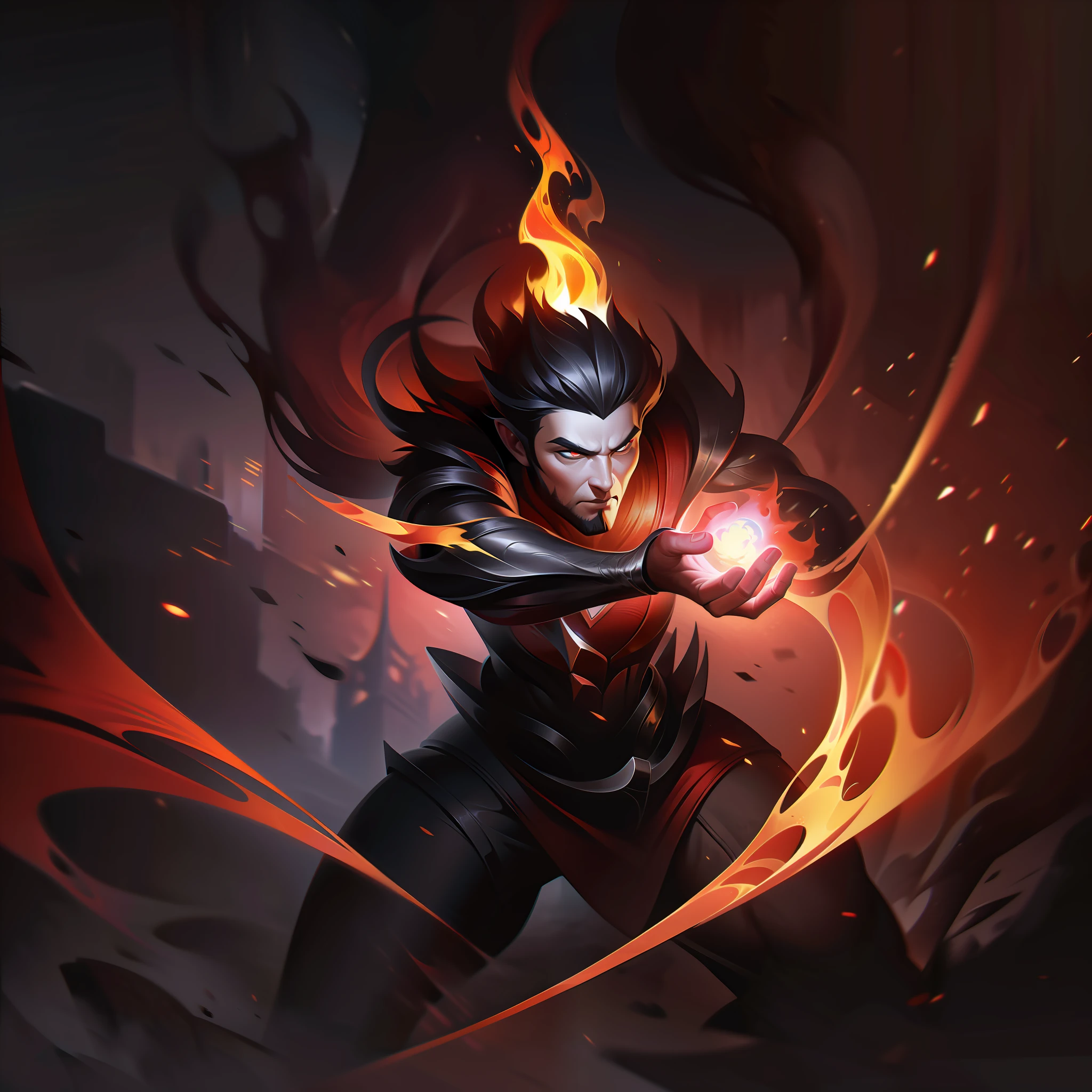 man + fire + black + shocked + thin splashart, splashart, league of legends splashart, art, brushstroke, masterpiece, 8k, ultra detailed, HD