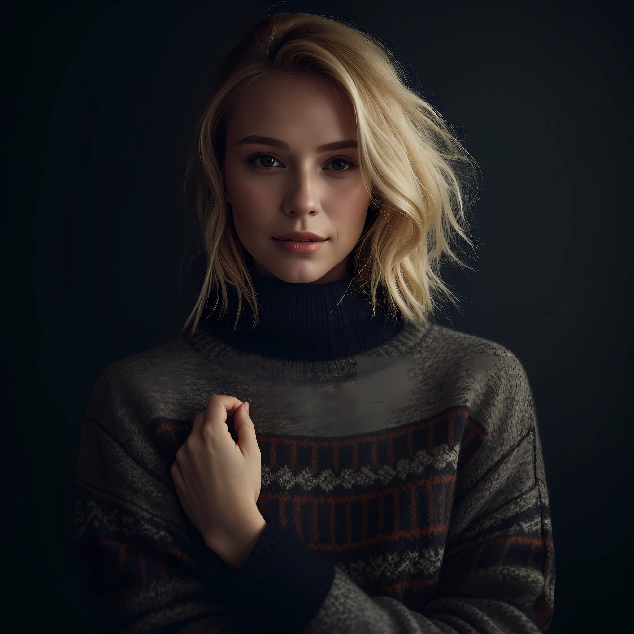 Portrait of a model woman with blond hair in a warm designer sweater, in the style of branded clothing, With the sweater in full view, Panasonic GH5, happy expressions, low key image, sharp texture -