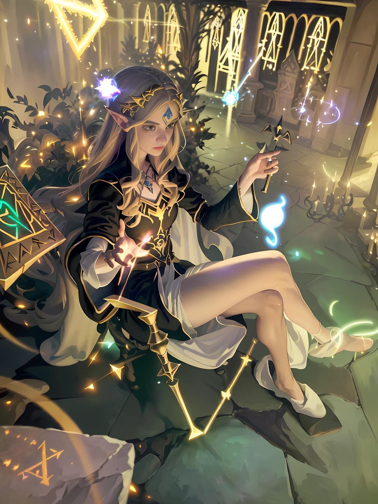 John Singer Sargent, oil painting, sorceress princess Zelda casting magic spells, (moody lighting, glow, glowing, mystical, magical, rim lighting, runes, glyph, sparks, circling energy, glowing particles, light particles:1.2)