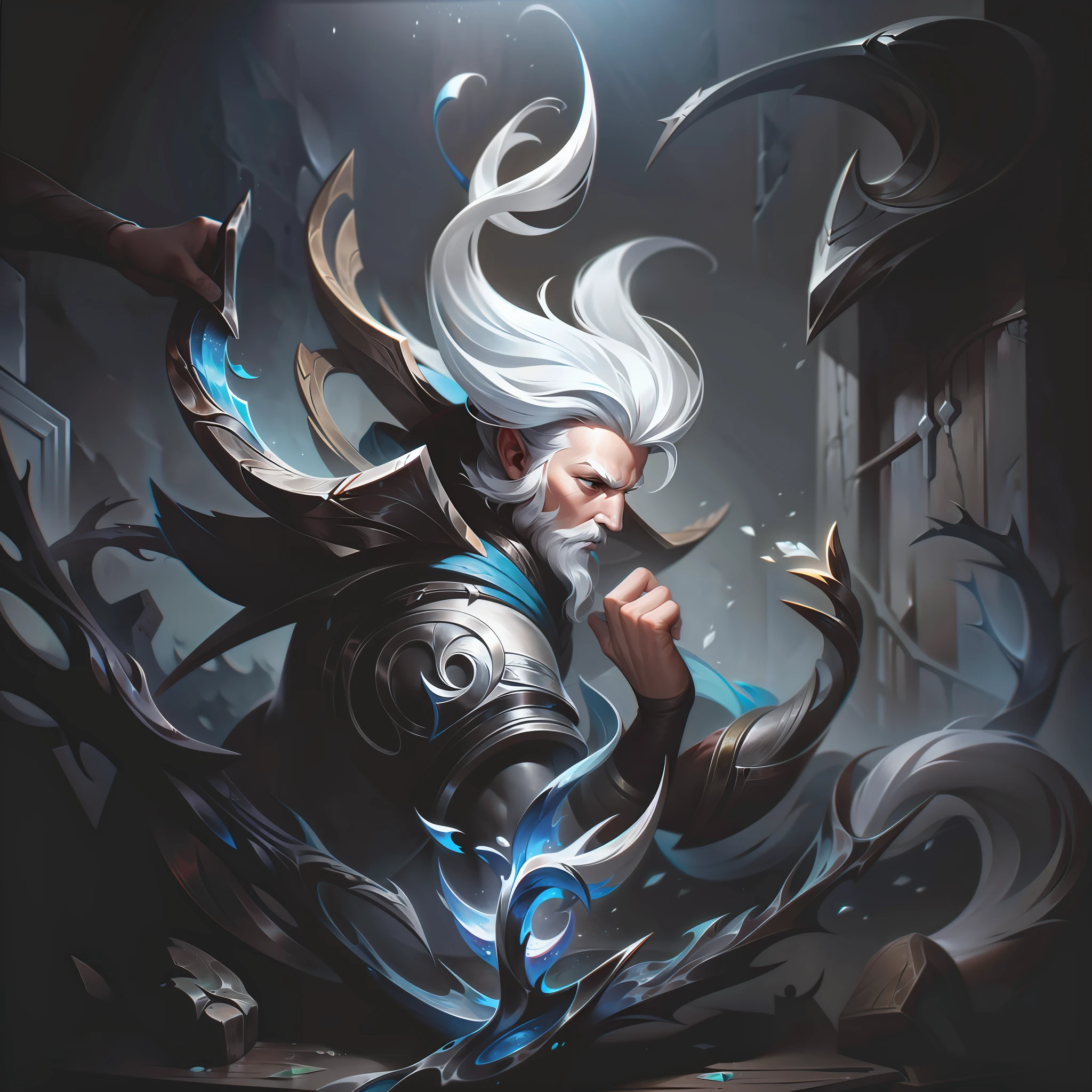 man + silver + thorn + wood + cute splashart, splashart, league of legends splashart, art, brushstroke, masterpiece, 8k, ultra detailed, HD