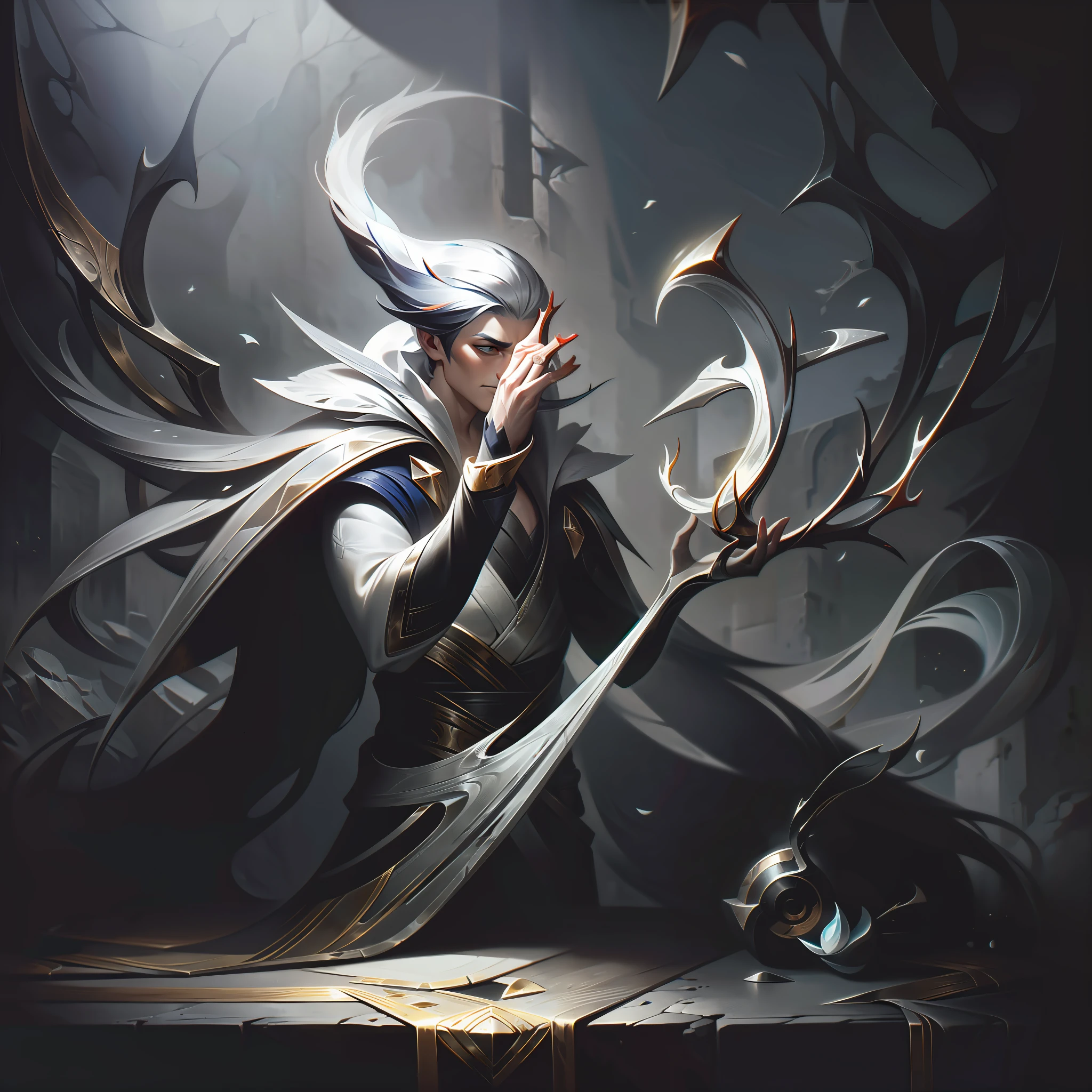 man + silver + thorn + wood + cute splashart, splashart, league of legends splashart, art, brushstroke, masterpiece, 8k, ultra detailed, HD