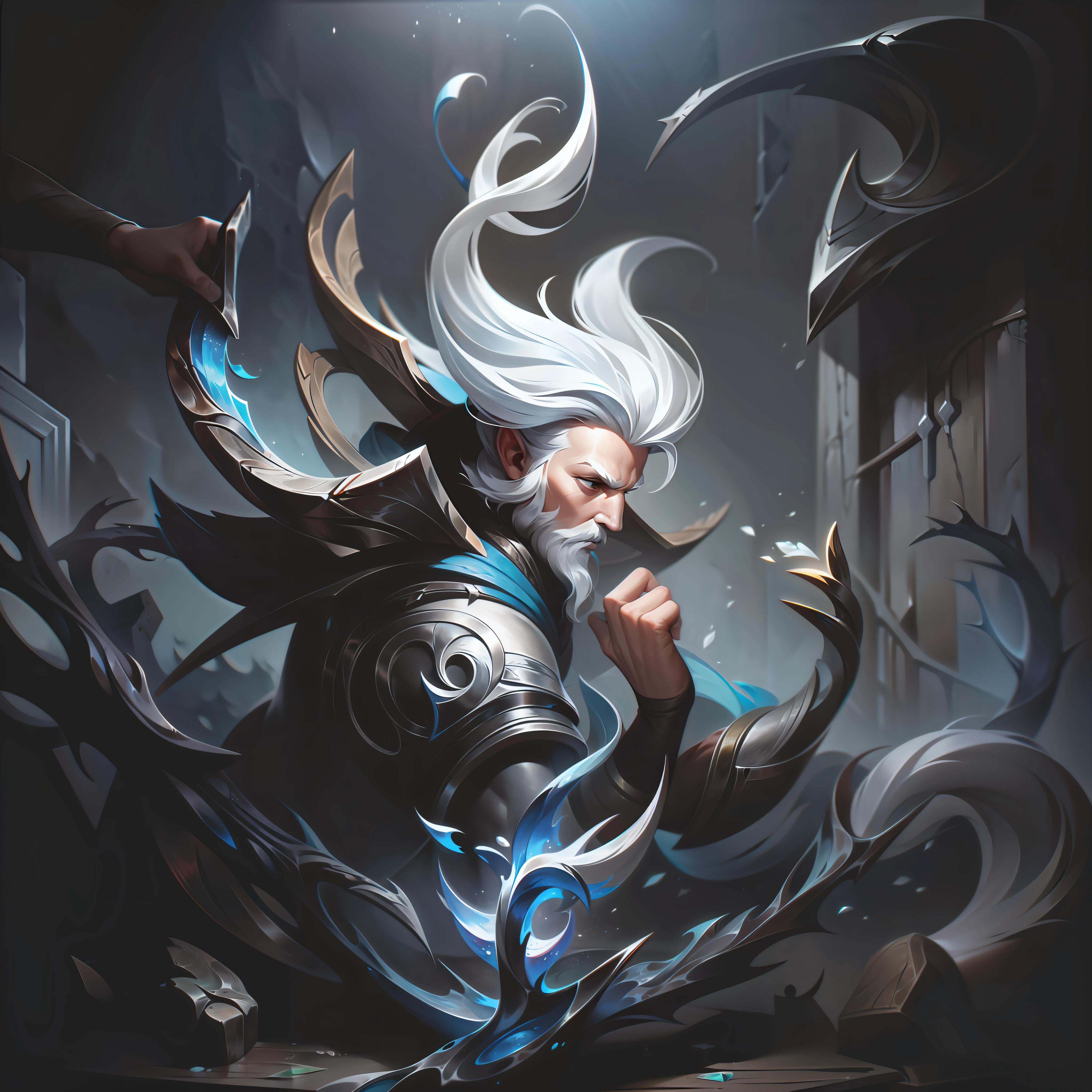 man + silver + thorn + wood + cute splashart, splashart, league of legends splashart, art, brushstroke, masterpiece, 8k, ultra detailed, HD