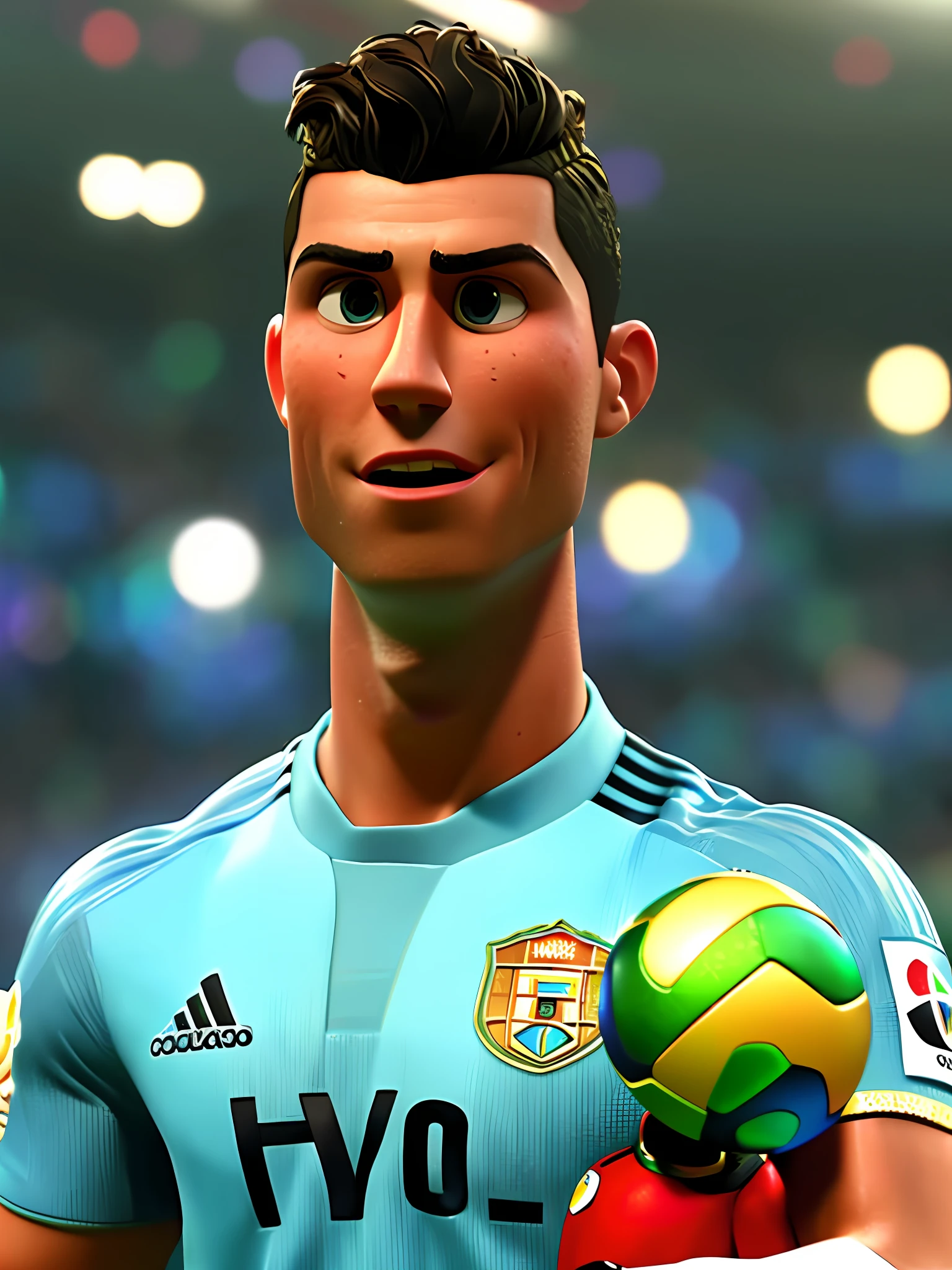 Cristiano Ronaldo, (pixar style) (masterpiece:1.2) (bokeh) (best quality) (detailed skin) (detailed texture) (8k) (claymation) (cinematic lighting) (sharp focus