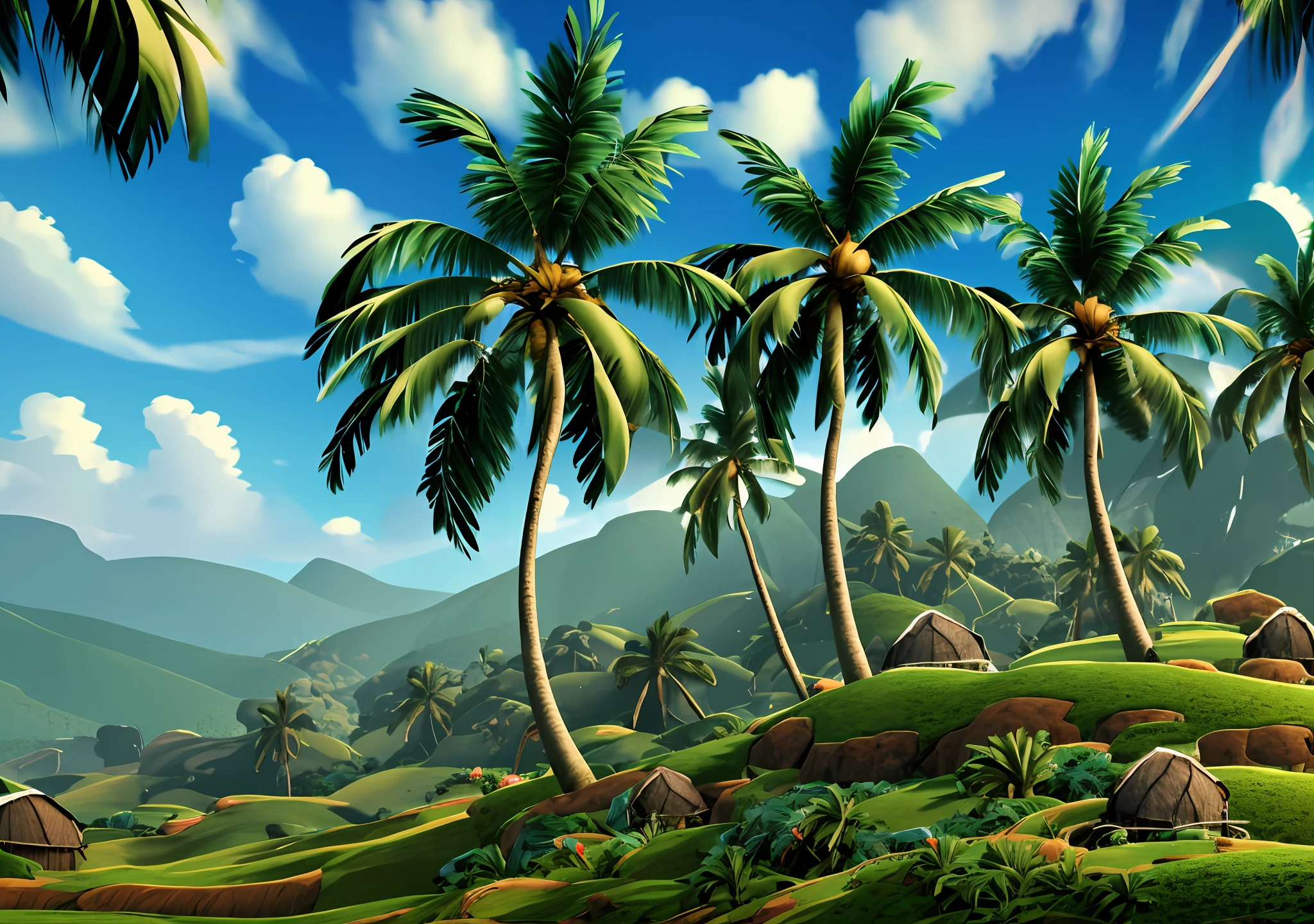 a farm full of coconut trees on a hill. Mega realistic, 8k image, coconuts on the ground, ripe and green. --auto --s2