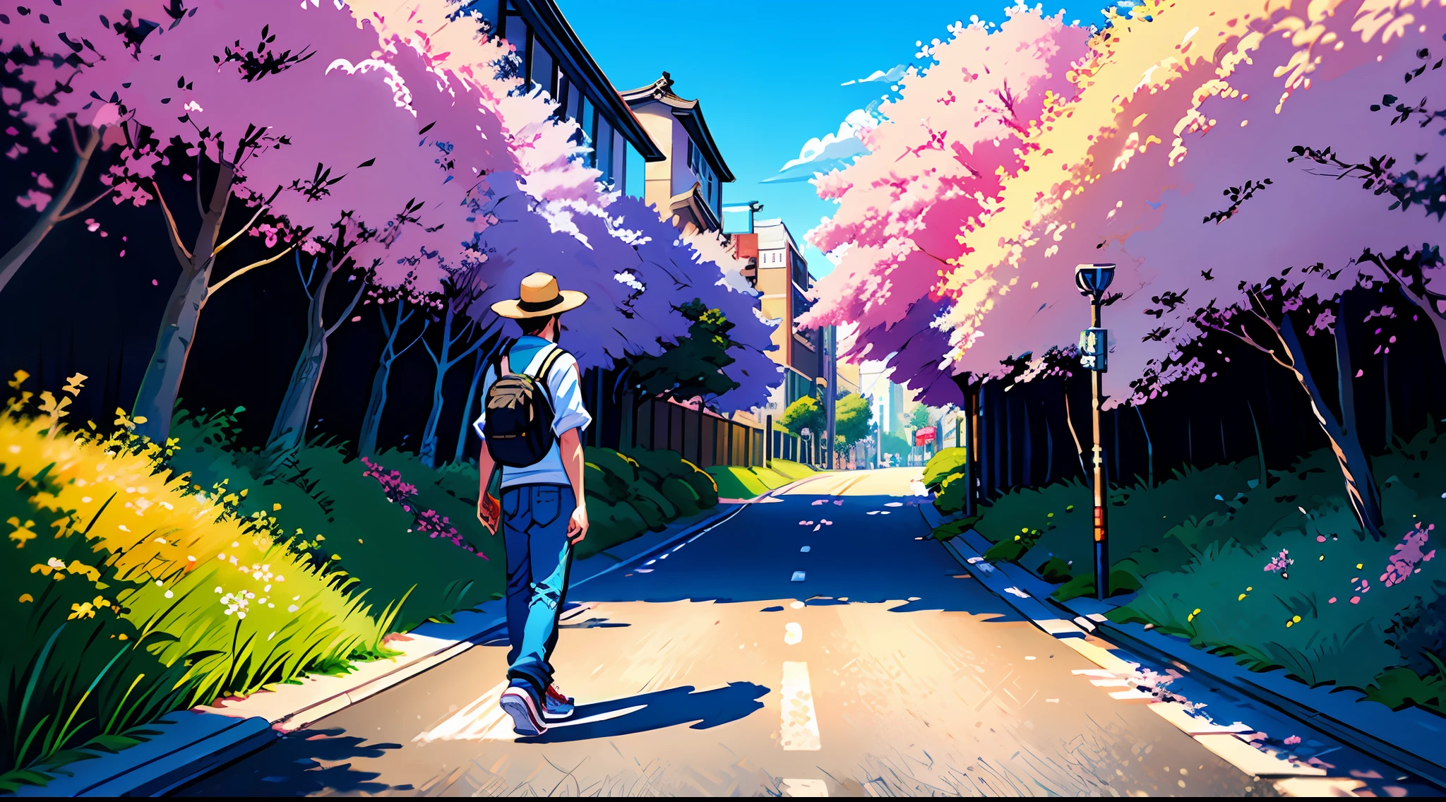 Tokyo, day, street, cherry blossoms, landscape, outdoor, young man with back in the distance, walk down the street, straw hat, blue jeans, sneaker sneakers (Illustration: 1.0), epic composition, realistic lighting, HD details, masterpiece, best quality, (CG Unity 8k very detailed) --v 6