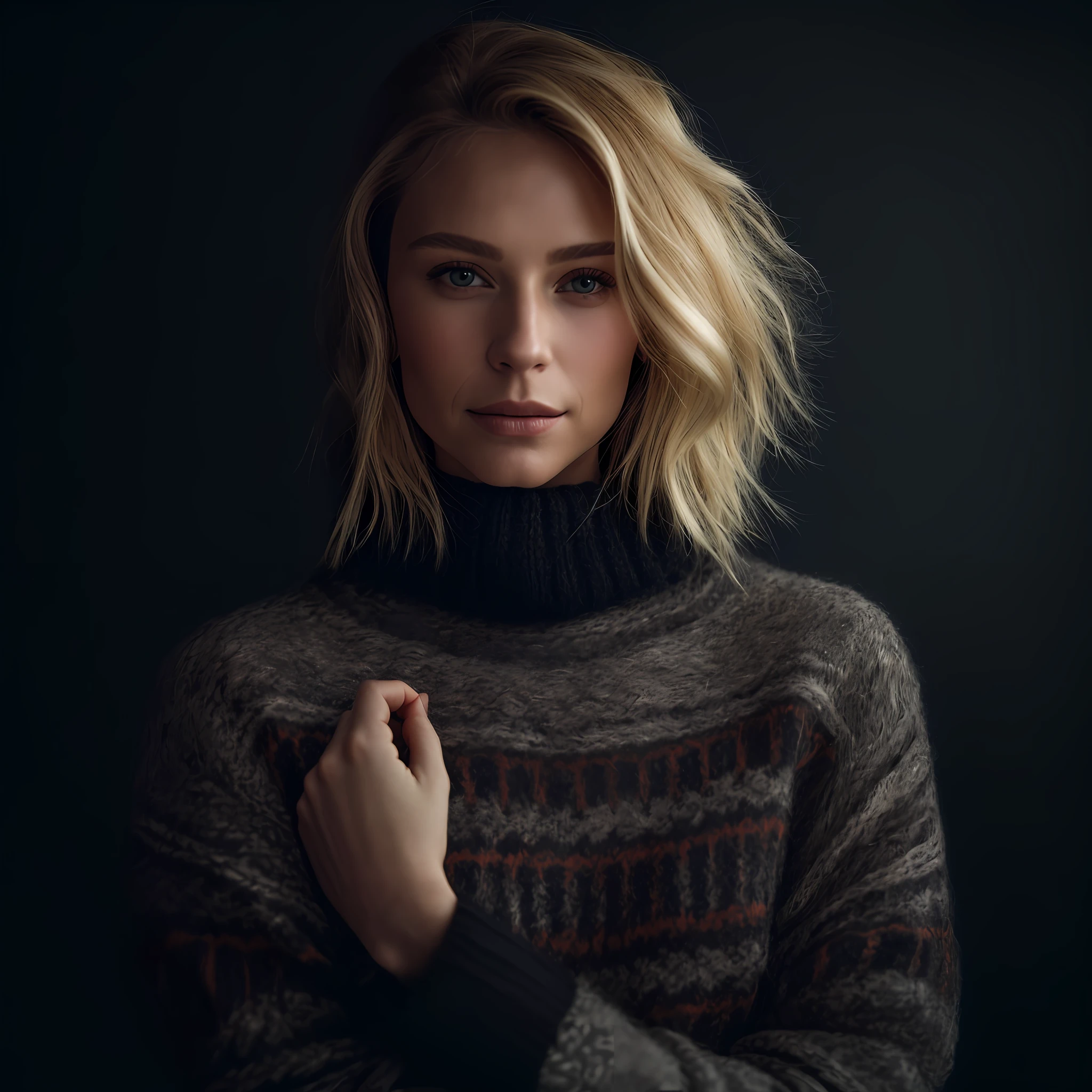 Portrait of a model woman with blond hair in a warm designer sweater, in the style of branded clothing, With the sweater in full view, Panasonic GH5, happy expressions, low key image, sharp texture -