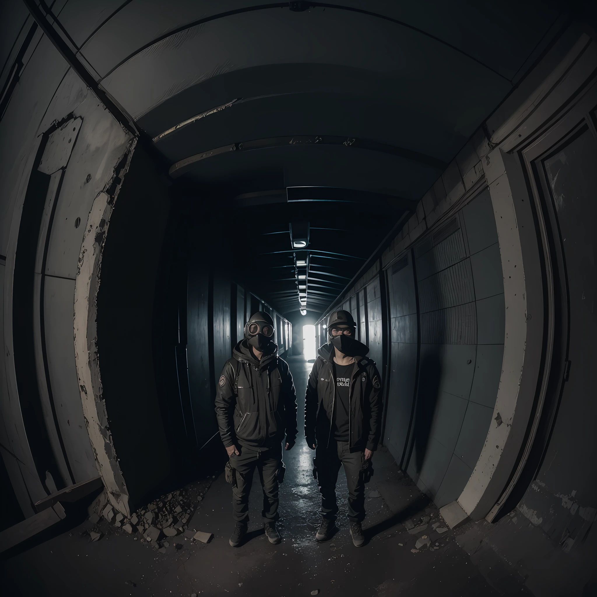Nevermind's cover, there are two people with pig masks standing next to each other in a tunnel, urban exploring, urban exploration, urbex photography, apocalyptic setting, in a post apocalyptic setting, fisheye photo, in love, wide angle dynamic portrait, by Thomas Häfner, bottom angle, wide angle photography, fisheye effect, fisheye lens photography, fisheye portrait, artistic photography --auto --s2
