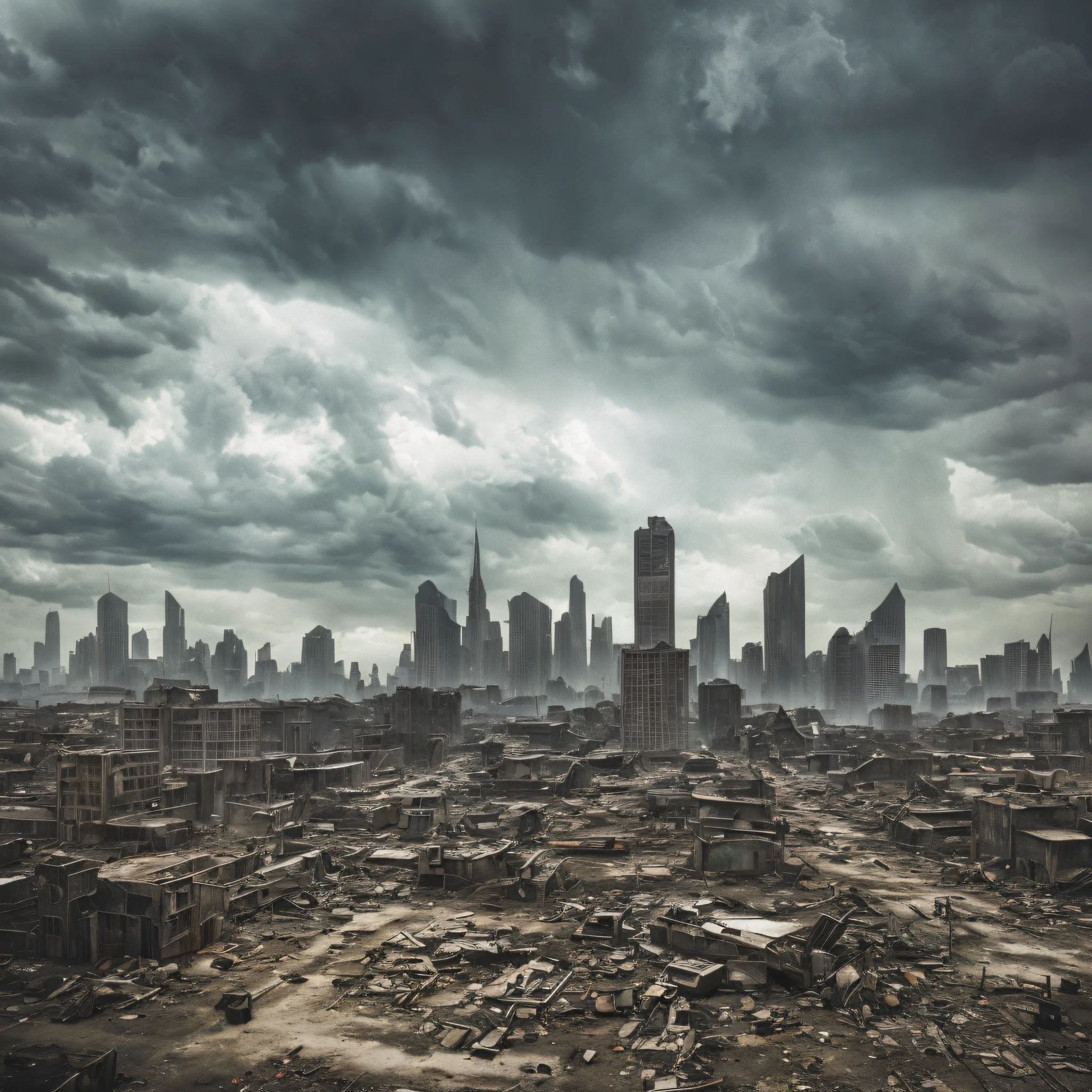 (post-apocalyptic landscape:1.5, abandoned metropolis:1.3, storm clouds:1.2), (silhouette of a boy staring at the horizon, strong contrast), diffuse brightness, grayish tone, heavy, low saturation. --auto --s2