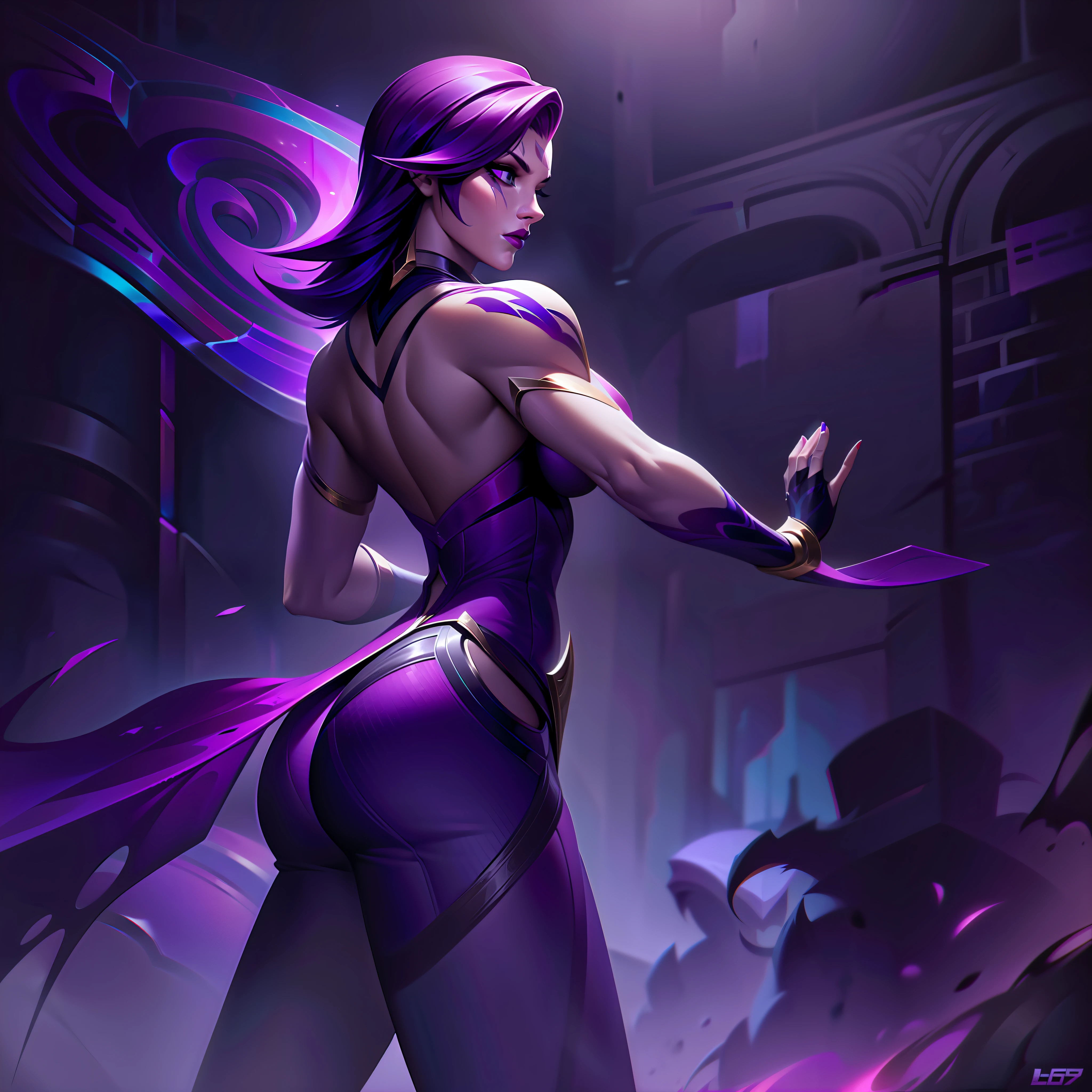 woman + purple + muscle + luxury + dark splashart, splashart, league of legends splashart, art, brush stroke, masterpiece, 8k, ultra detailed, HD