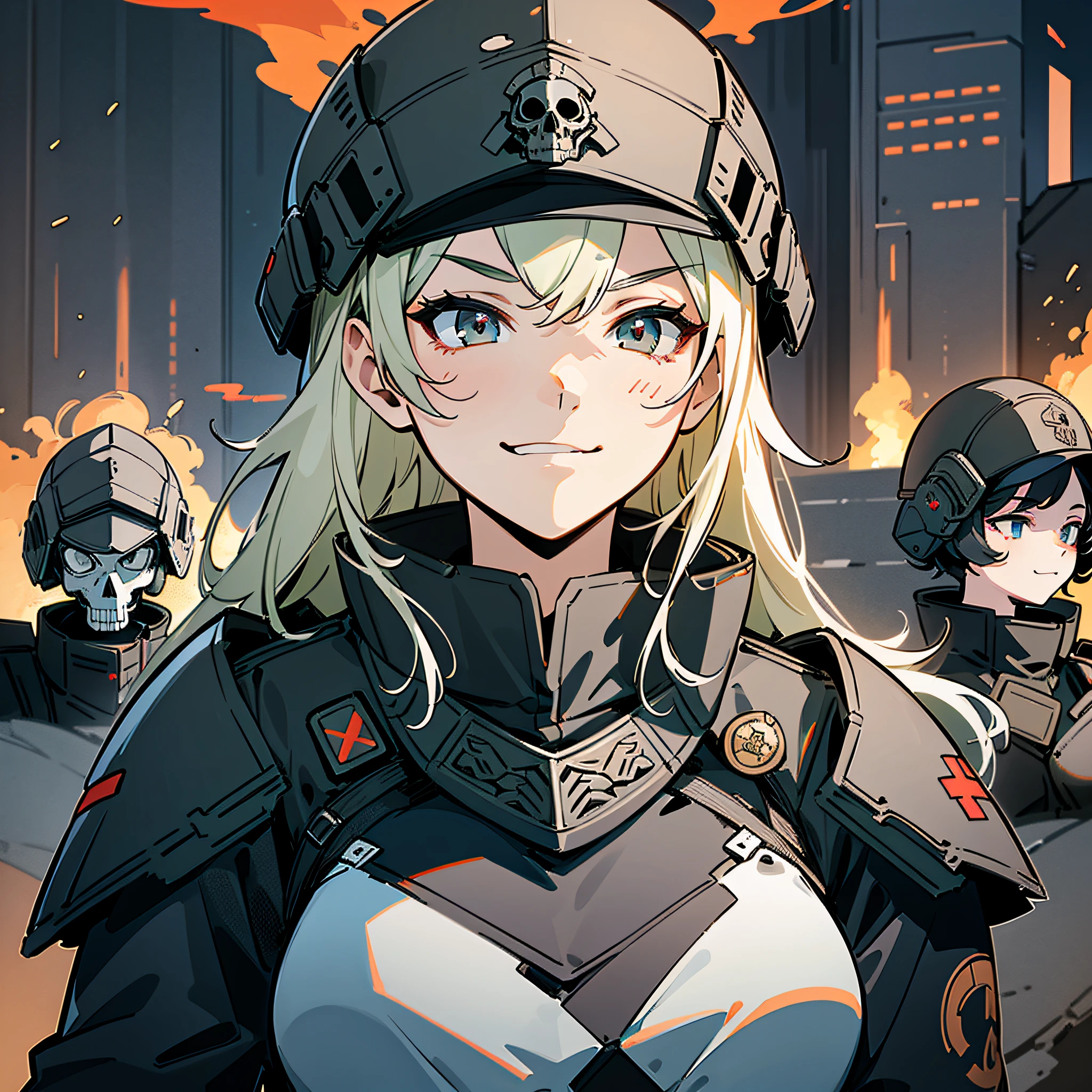 (best quality, masterpiece, extremely detailed), female soldiers in formation, black military tactical armor, black military tactical helmet, skull decal, smirk faces, ruined futuristic city, warzone, midnight background, flames and smoke,