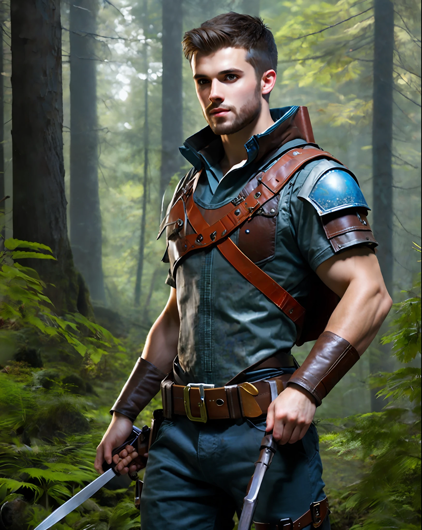 fking_scifi_v2, adventurer figure, product photo, oil painting, whelan, beautiful lighting, fantasy, d&d, masterpiece, realistic figure, realism, anthropomorphic figure, in the forest, tool belt, 80mm, f/1.8