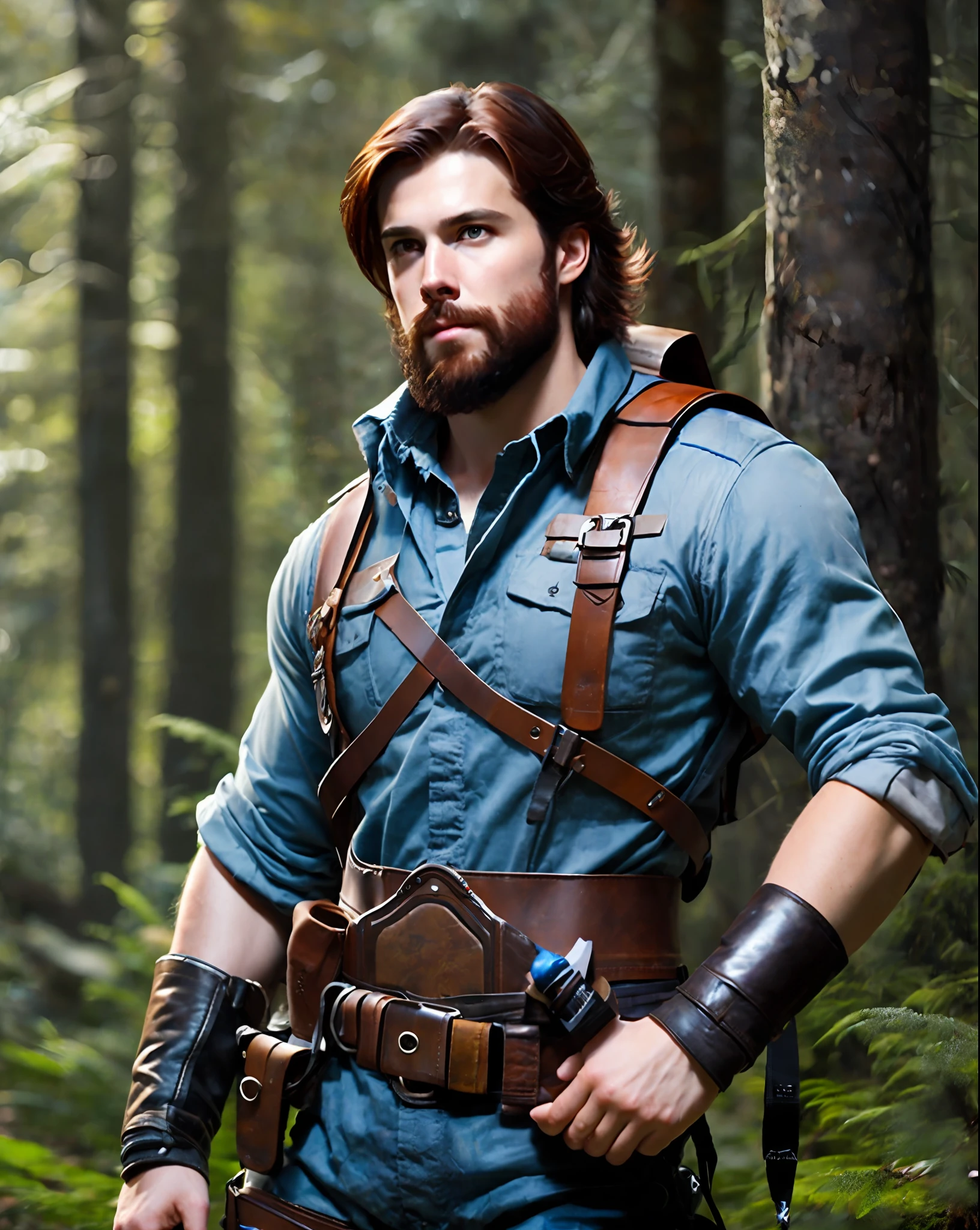 fking_scifi_v2, adventurer figure, product photo, oil painting, whelan, beautiful lighting, fantasy, d&d, masterpiece, realistic figure, realism, anthropomorphic figure, in the forest, tool belt, 80mm, f/1.8