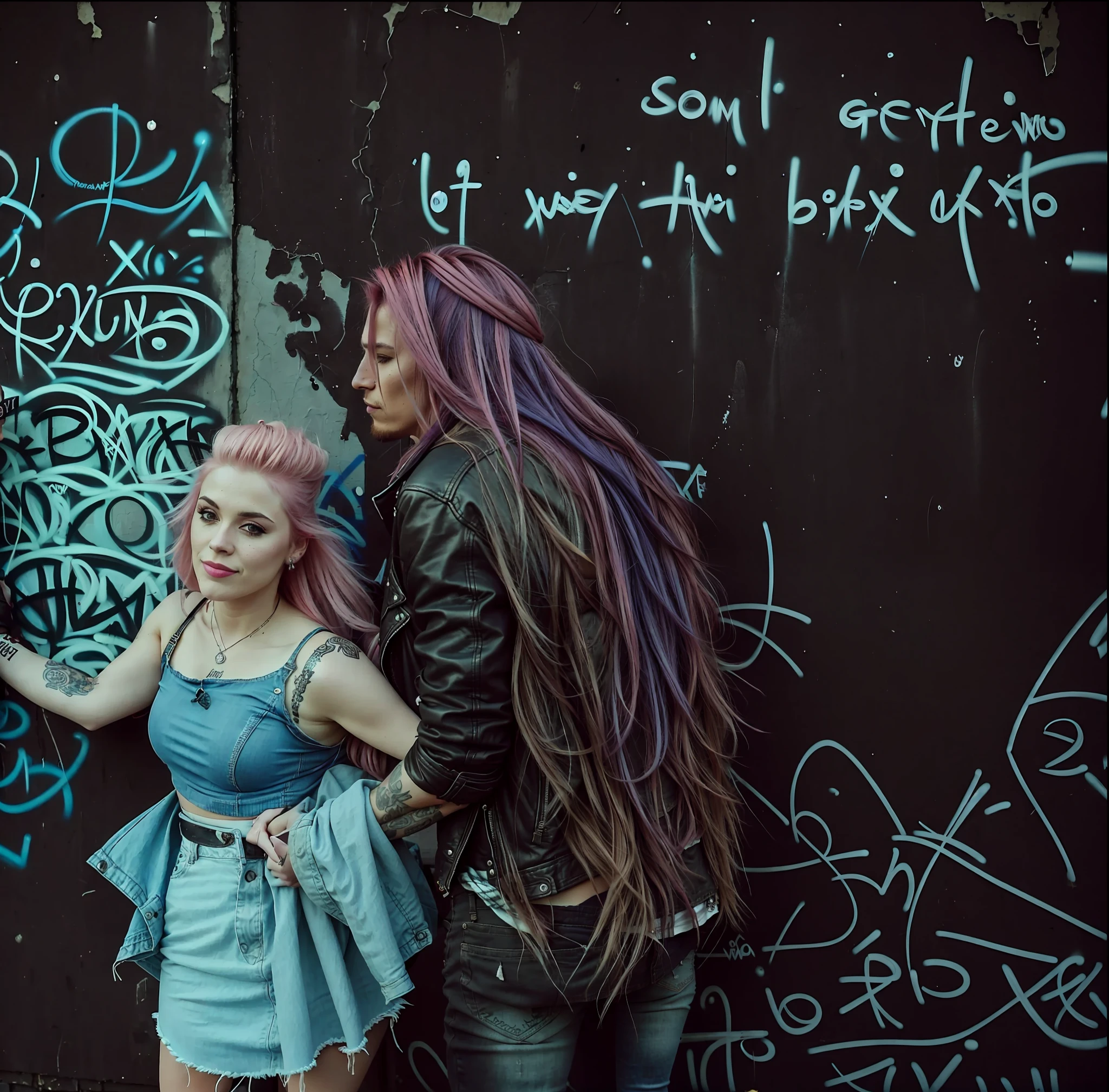 A pink-haired woman wearing ripped jeans and a leather jacket and a man wearing ripped jeans and a plaid shirt hugged each other facing a graffitied and broken wall, a beautiful sunset in the background