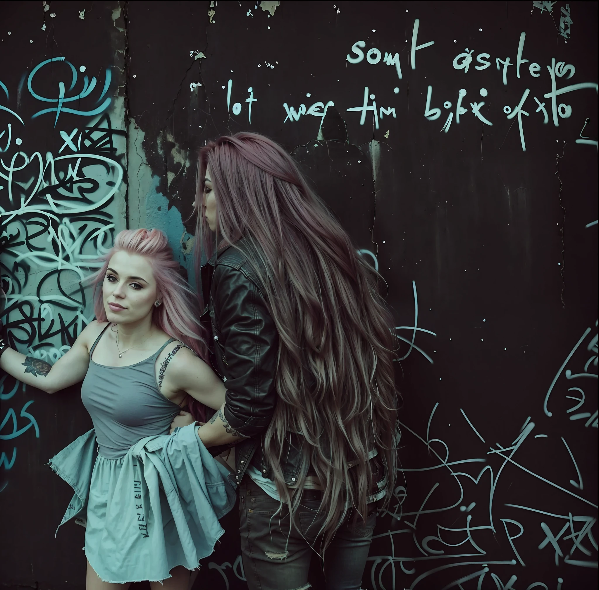 a pink-haired woman wearing ripped jeans and a leather jacket and a long-haired man wearing ripped jeans and a plaid shirt, embraced each other facing a graffitied and broken wall, a gorgeous sunset in the background