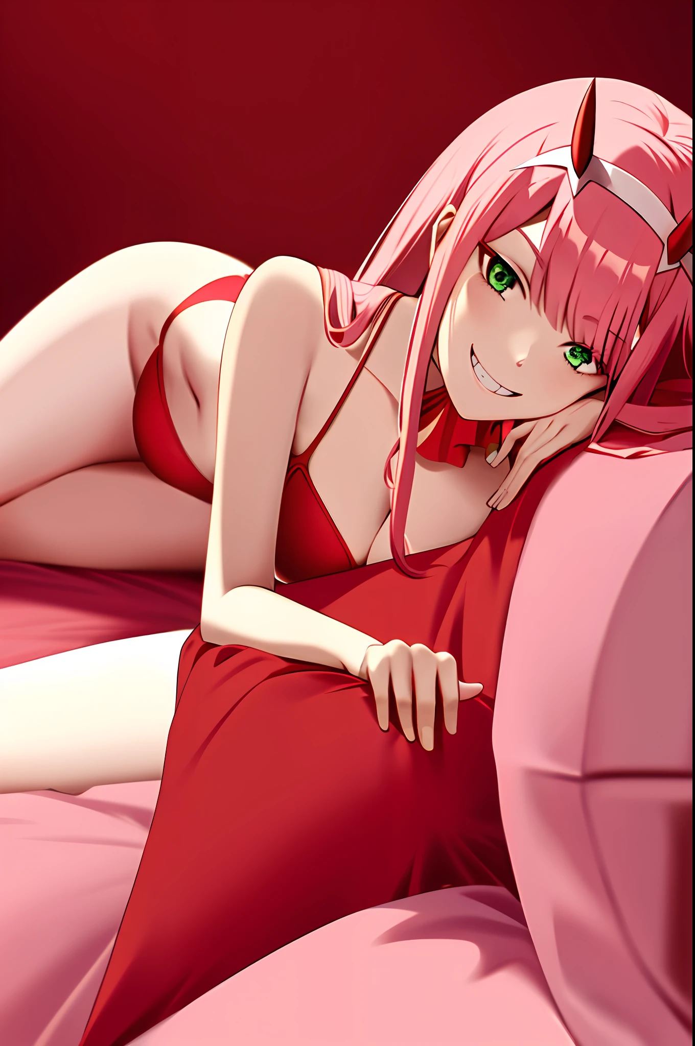 zero two \(darling in the franxx\), darling in the franxx, 1girl, ascot, bangs, bedroom background, green eyes, hairband, horns, long hair, looking at viewer, red swimsuit, red bikini, oni horns, pink hair, red horns, simple background, smile, grin, solo, laying on bed, white hairband, ((masterpiece)),