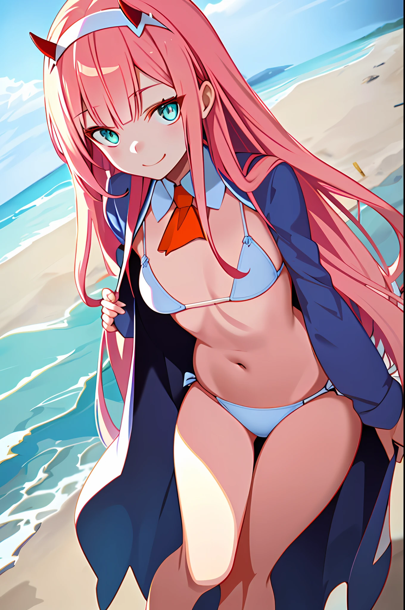 Zero two in pink swimsuit at the beach, bikini, navel, (masterpiece),(best quality), girl,((ultra-detailed)), (highly detailed CG illustration),(expressionless),, nsfw,, (masterpiece:1.16), (best quality:1.32),(meticulous_detail),(high resolution:1.1),(best illumination:1.1), (best shadow:1.1), (an extremely delicate and beautiful),(appropriate shading:1.1),(Illustration: 1.1),(Finished:1.1),Overlapping,(appropriate posture),(appropriate configuration),(ultra-precise_construction:1.2),cropping,(Bold Highlighted Outline),(detailed face), (beautiful eyes), zero two \(darling in the franxx\), darling in the franxx, alternate clothes, manga, CG manga official art, masterpiece, 8k, (vivid colors, correct settings, red), 1girl, ascot, bangs, blue background, green eyes, hairband, horns, long hair, long sleeves, looking at viewer, swimsuit, pink swimsuit, beach, beautiful sunny lightning, oni horns, orange ascot, pink hair, red horns, simple background, smile, solo, standing, uniform, white hairband, ((masterpiece)),