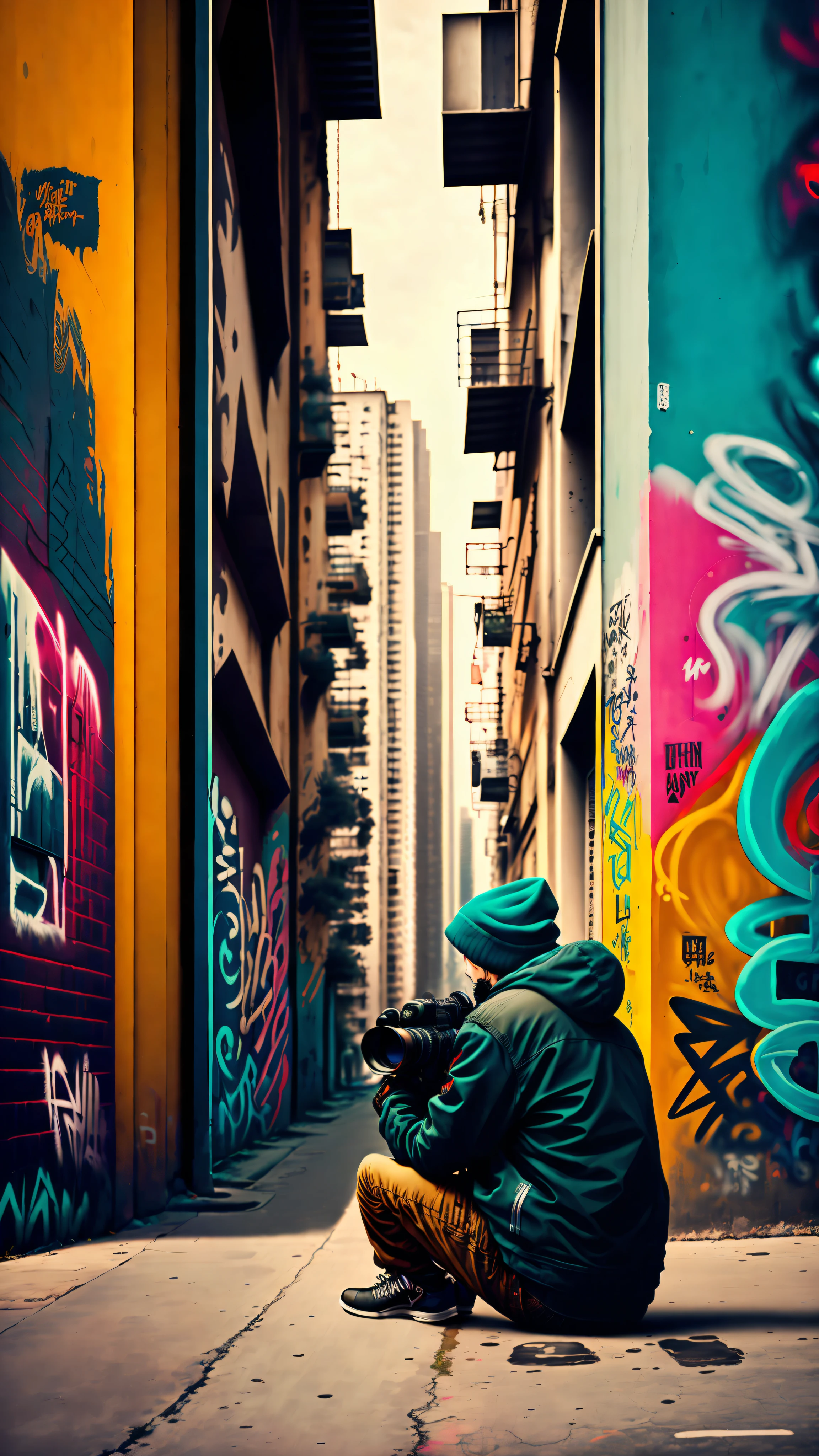 Photographer Urban Street with wall graffiti and city in the background