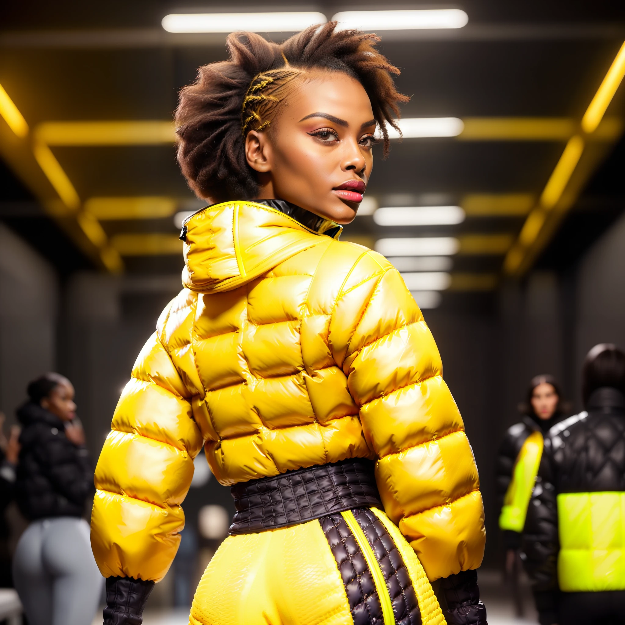 (( an ultra realistic woman,back,looking back, confident on the runway))) with perfect Kenyan African facial features, ultra realistic skin, skin pores, short afro hair, braided, ultra detailed in hd, with confident expression, wearing (((Balenciaga puffer oversized style jacket:1.5 overall, ultra definition red))) pants, turtleneck shirt , (((yellow jacket:1.5, vivid color, neon, reflective))), posing at the end of the runway in ,(bring high fashion show atmosphere, perfect audience,ultra realistic), high fashion show, best quality, top quality, image masterpiece, high resolution image
