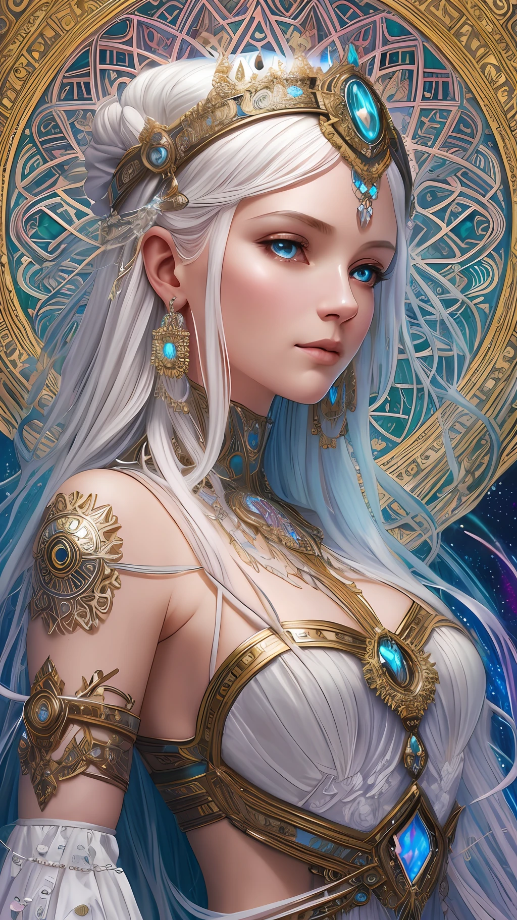 A stunning photorealistic portrait photograph of a beautiful woman, ethereal goddess, albino, white hair, white eyebrows, full body, baroque intricate silver headdress, cover, hyperdetailed painting, luminism, Bar lighting, complex, 4k resolution concept art portrait by Greg Rutkowski, Artgerm, WLOP, Alphonse Mucha, little fusion, realistic fantasy, fractal isometrics details bioluminescence, beautiful awesome, 3d render, octane render, intricately detailed, cinematic, trending on artstation | Isometric | Centered hypereallistic cover photo awesome full color, hand drawn, dark, gritty, realistic mucha, klimt, 12k