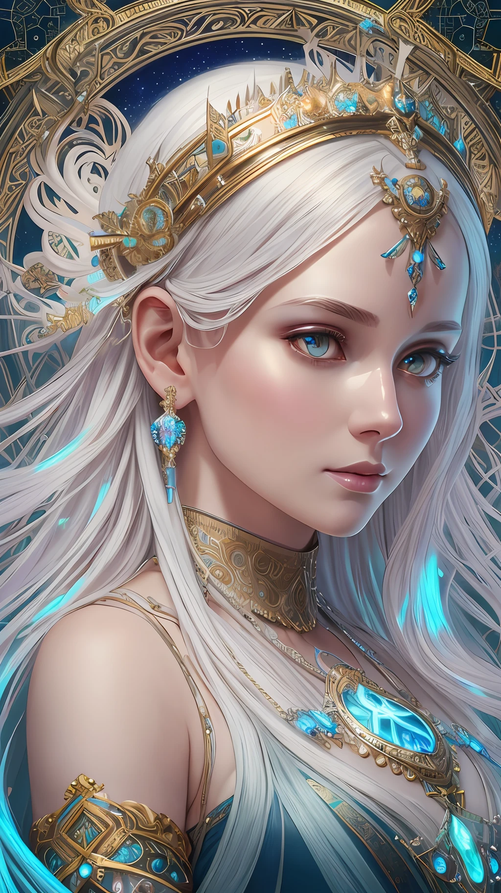 A stunning photorealistic portrait photograph of a beautiful woman, ethereal goddess, albino, white hair, white eyebrows, full body, baroque intricate silver headdress, cover, hyperdetailed painting, luminism, Bar lighting, complex, 4k resolution concept art portrait by Greg Rutkowski, Artgerm, WLOP, Alphonse Mucha, little fusion, realistic fantasy, fractal isometrics details bioluminescence, beautiful awesome, 3d render, octane render, intricately detailed, cinematic, trending on artstation | Isometric | Centered hypereallistic cover photo awesome full color, hand drawn, dark, gritty, realistic mucha, klimt, 12k