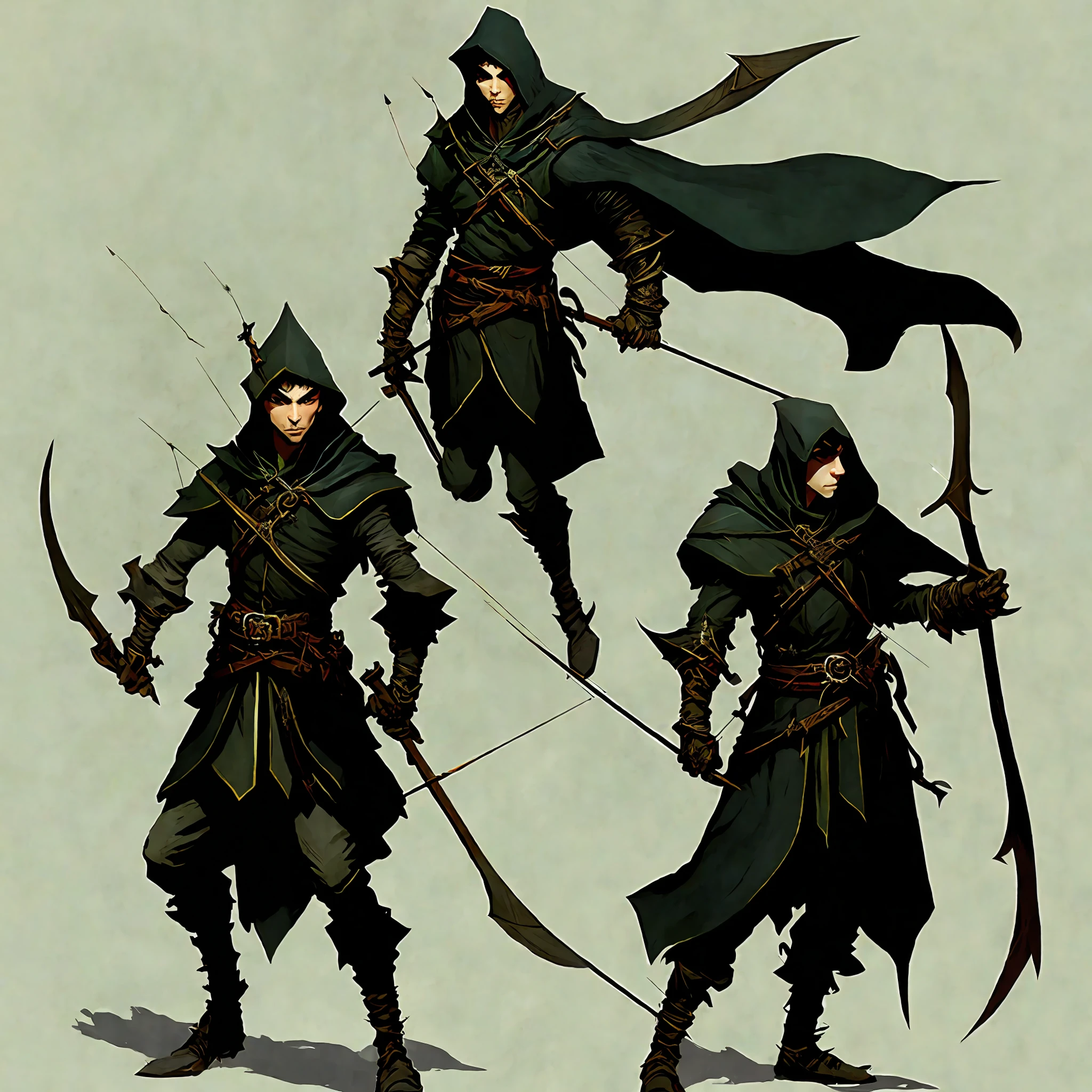 Valenar, the Shadow Archer: Valenar is an elf with black hair and pale skin. He wears a dark, hooded cloak, allowing him to blend in with shadows. His bow is made of black wood and his arrow is poisoned. Valenar is an expert archer and poacher, employed as a silent assassin or spy by the elves. Art style Frank Frazetta