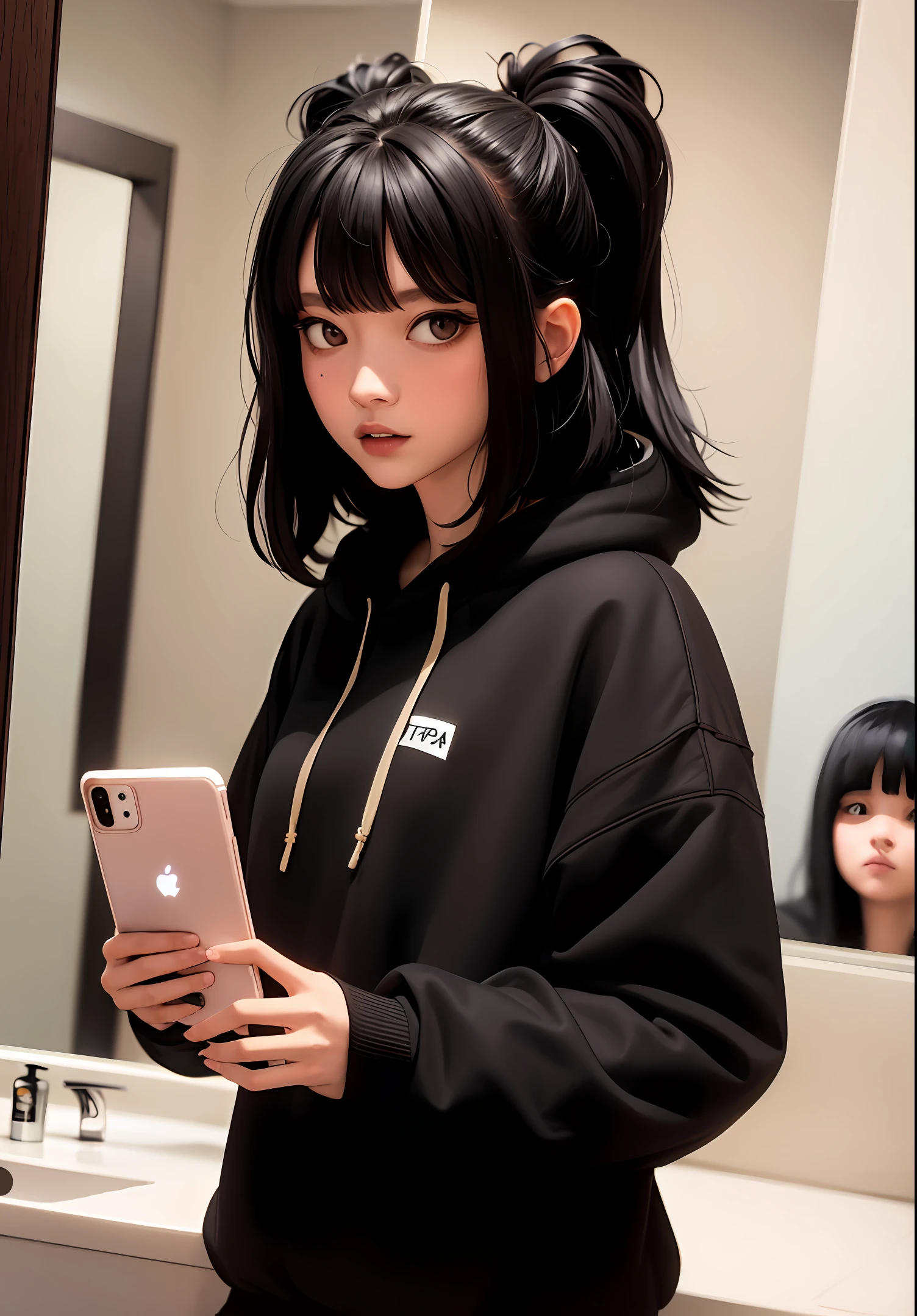 araffe woman taking a selfie in a bathroom mirror, a portrait inspired by Shitao, tumblr, hurufiyya, in a black hoodie, she has black hair with bangs, cruel korean goth girl, black haired girl wearing hoodie, 2 4 year old female model, 18 years old, with straight black hair, with long black hair, with black hair