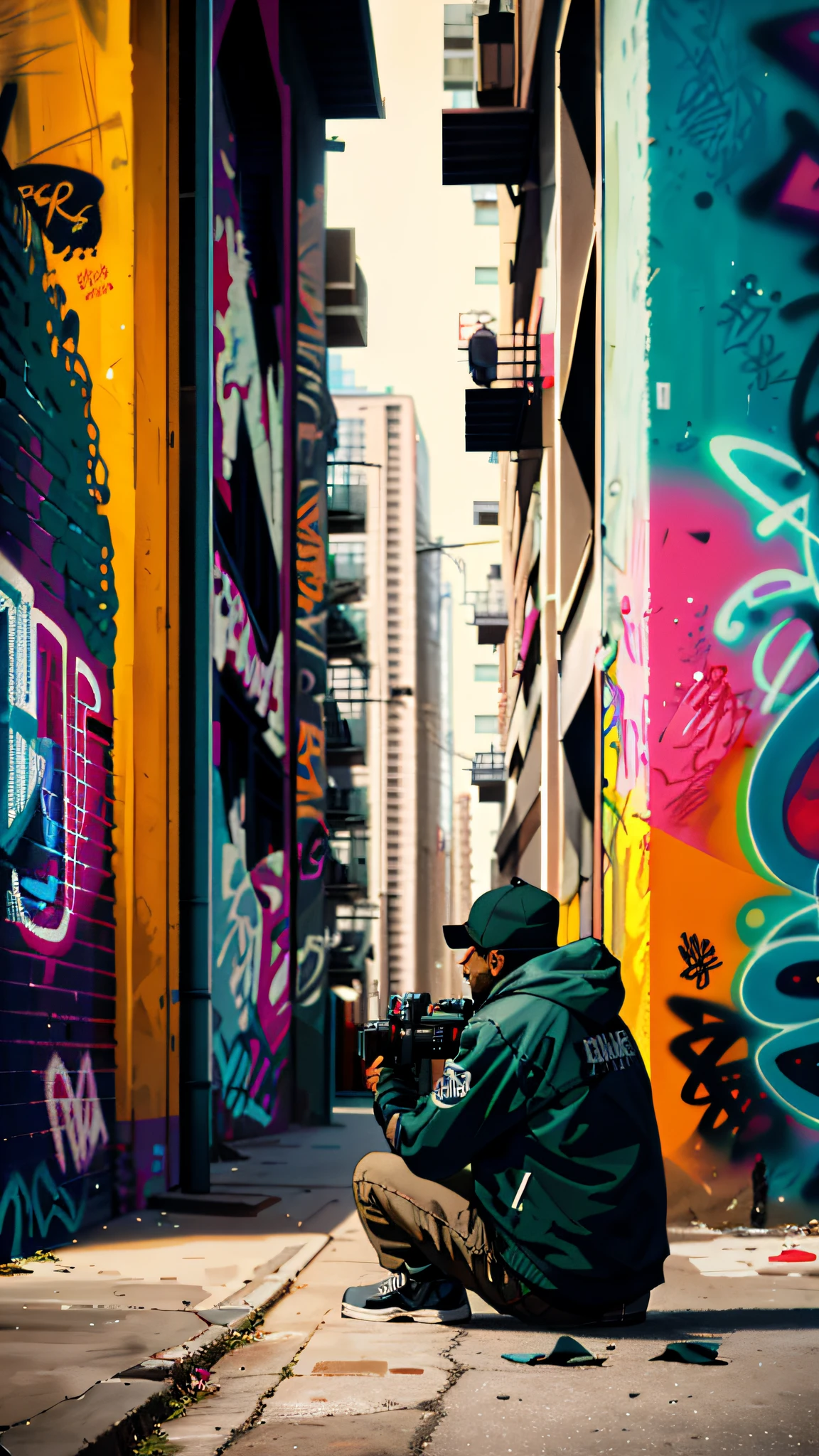 graffiti covered wall with a man kneeling down taking a picture, urban city photography, urban photography, city + graffiti background, location [ chicago ( alley ) ], hd photography street, graffiti in the background, graffiti in background, street art 8 k, urban graffiti, colour film street photography, graffiti inspired, graffiti style, colored photography, graffiti on walls, street photography style