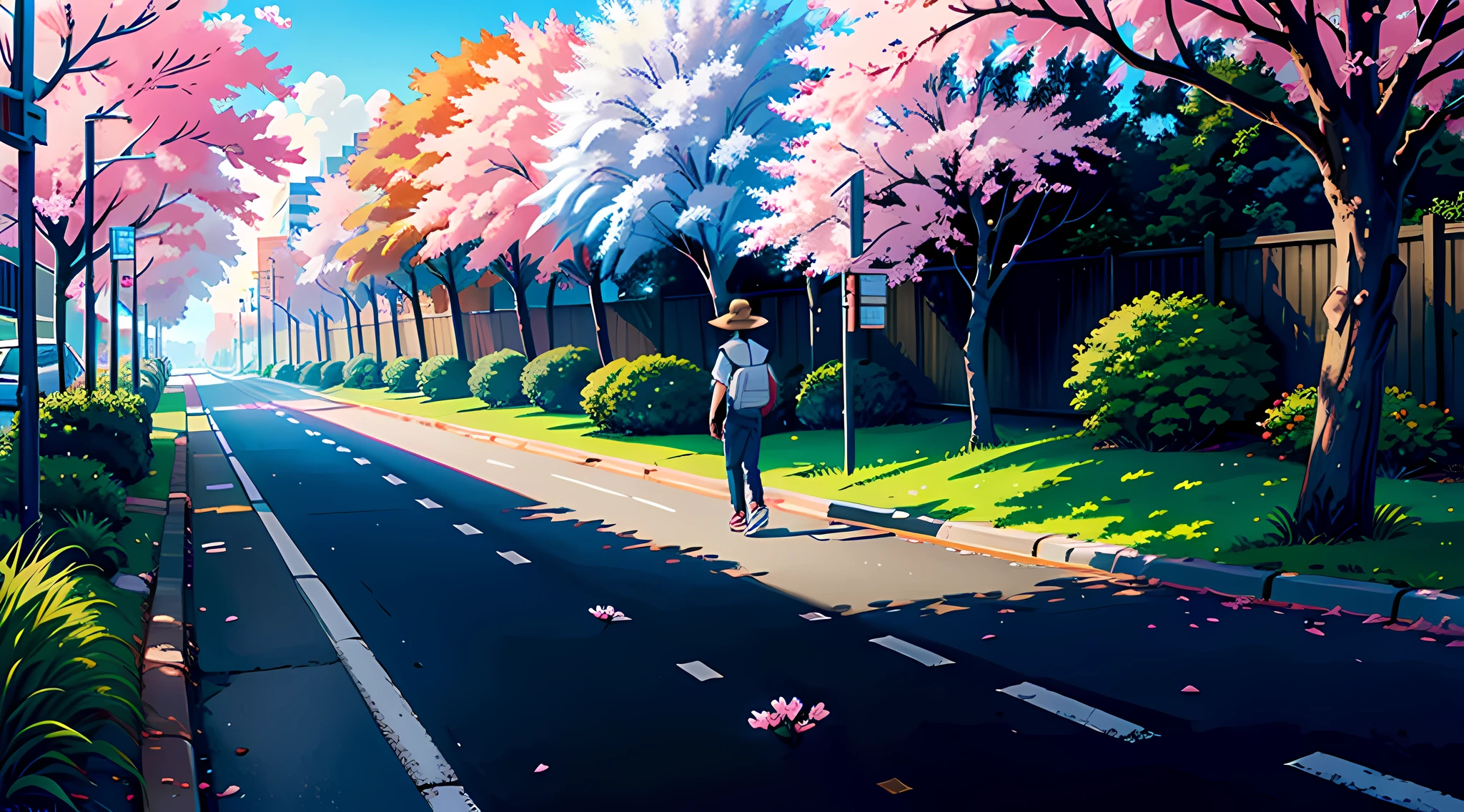 Tokyo, day, street, cherry blossoms, landscape, outdoor, young man with back in the distance, walk down the street, straw hat, blue jeans, sneaker sneakers (Illustration: 1.0), epic composition, realistic lighting, HD details, masterpiece, best quality, (CG Unity 8k very detailed) --v 6