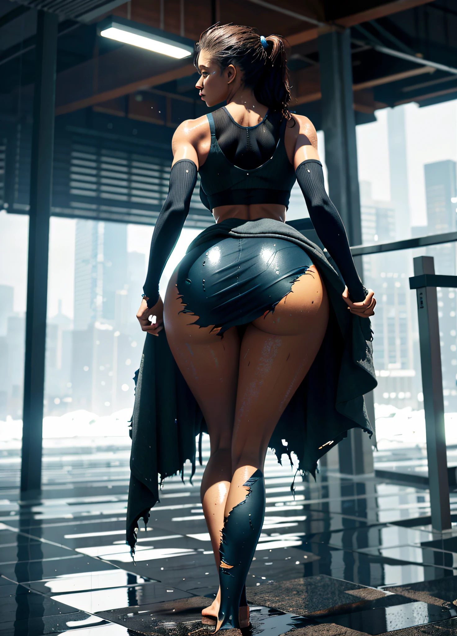 Woman back, full body, huge ass, thin waist, torn skirt, wet skin