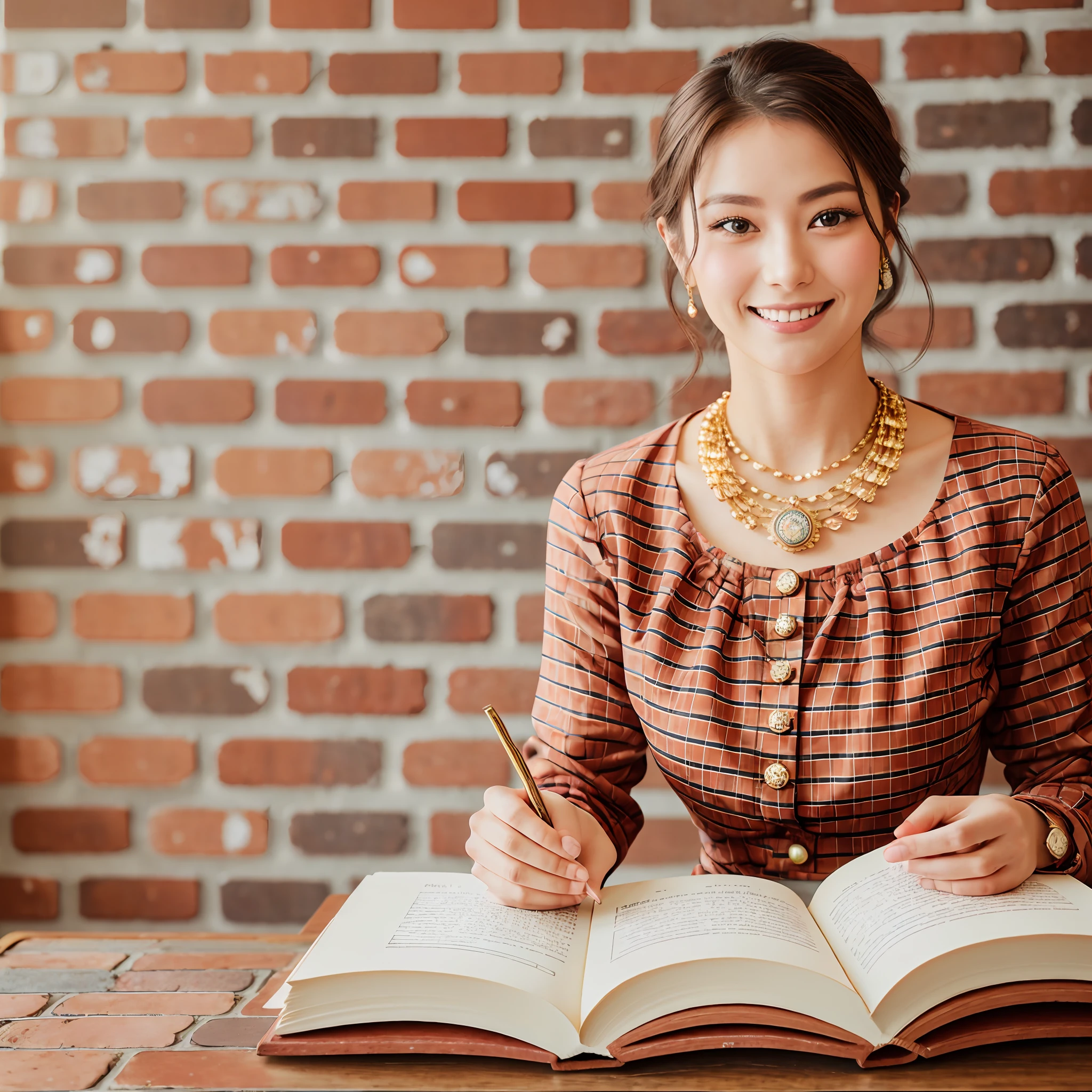 doumental style, teacher holding books smiling, sophisticated (masterpiece, 85mm lens, 4K), button blouse, jewelry, brick background, soft lighting, --auto --s2