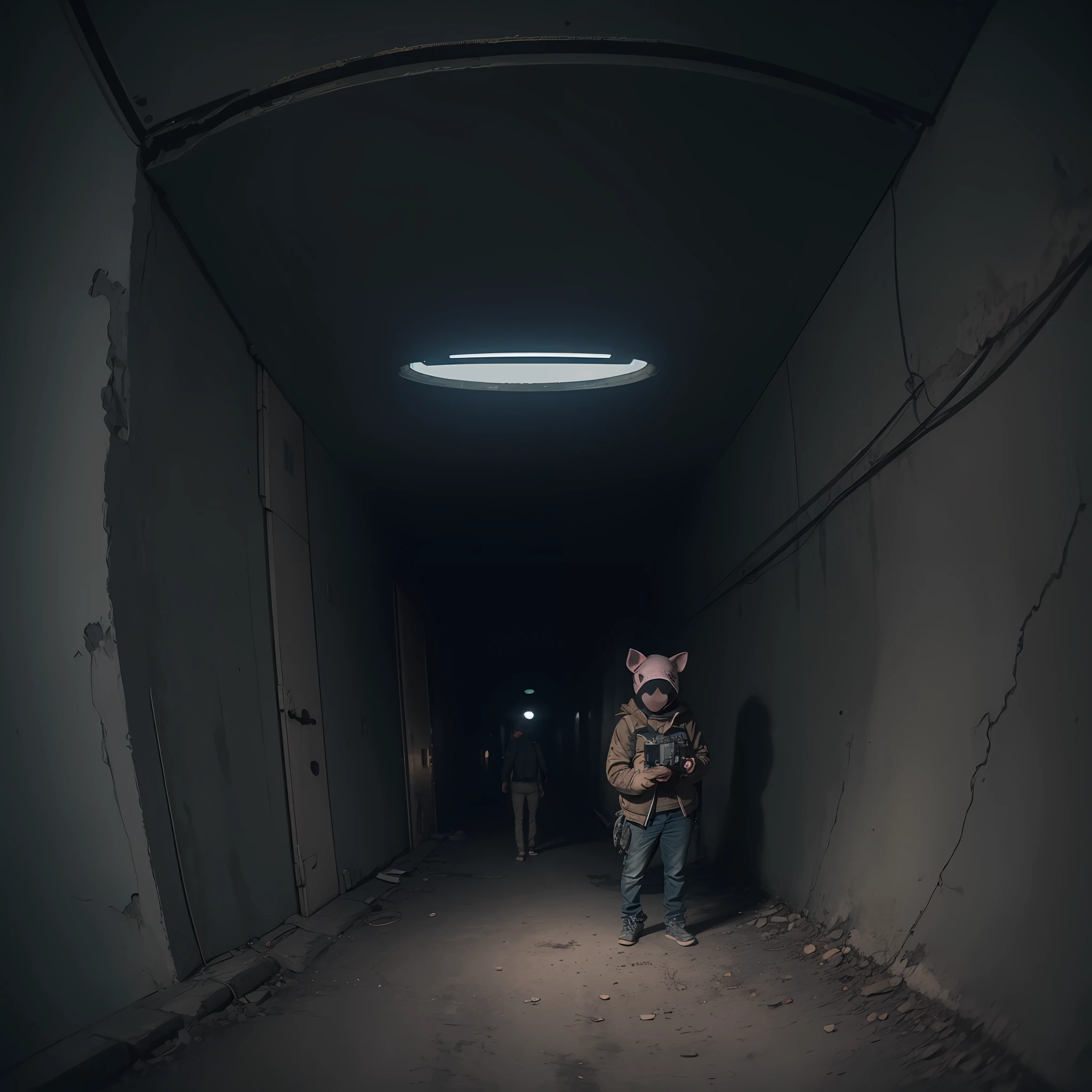 Nevermind's cover, there are two people with pig masks standing next to each other in a tunnel, urban exploring, urban exploration, urbex photography, apocalyptic setting, in a post apocalyptic setting, fisheye photo, in love, wide angle dynamic portrait, by Thomas Häfner, bottom angle, wide angle photography, fisheye effect, fisheye lens photography, fisheye portrait, artistic photography --auto --s2