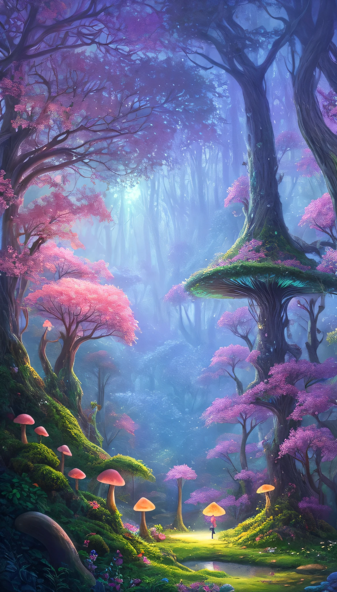 An enchanting and dreamy scene of a fantasy forest, with towering trees, glowing mushrooms, and hidden fairy glens, creating a sense of mystique and enchantment, artstation, digital illustration, intricate, trending, pastel colors