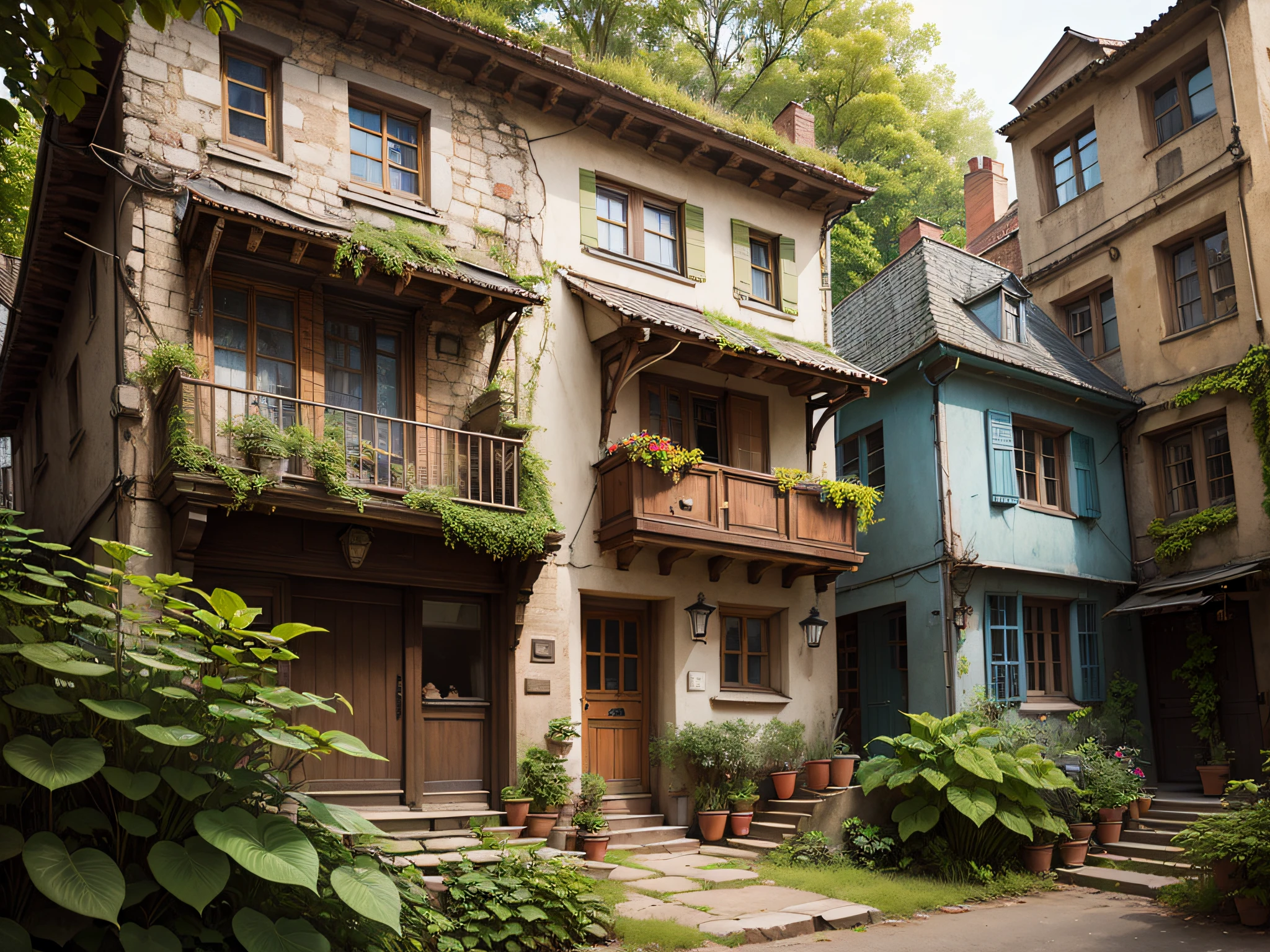 leica_style, hilly terrain, old flimsy shabby steampunk townhouse, overgrown, highly detailed, extremely sharp focus, closeup, bokeh background, art nouveau