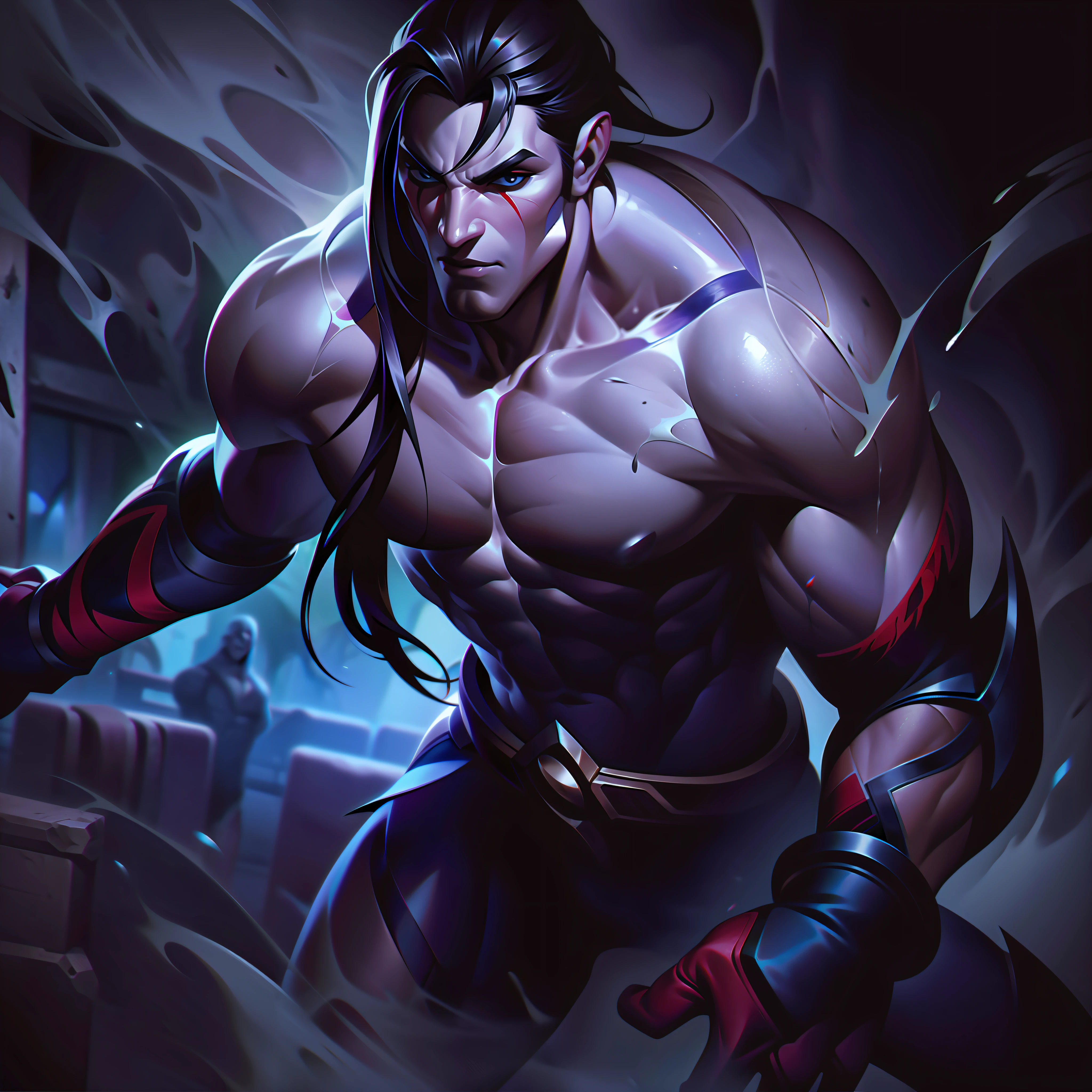 male + muscles + vampire + bulge + shy splashart, splashart, League of Legends splashart, art, brush stroke, masterpiece, 8k, ultra detailed, HD