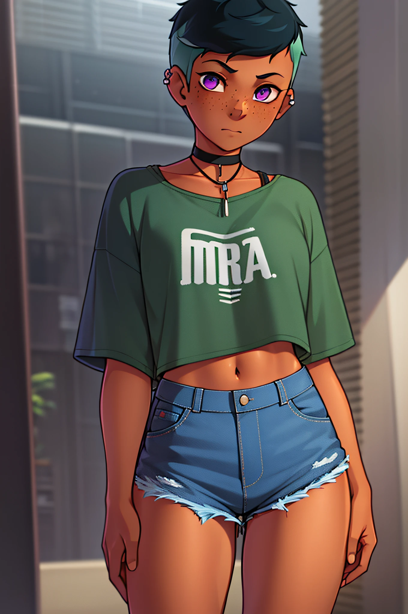 riley fairfeather, masterpiece, best quality 1girl, solo, 1girl, solo, freckles, dark skin, dark-skinned female, purple eyes, short hair, green hair, multicolored hair, very short hair, black hair, undercut, gradient hair, two-tone hair, piercing, ear piercing, nose piercing, small breasts, full body, choker, standing, hands behind back, long ripped jeans, oversized tshirt,