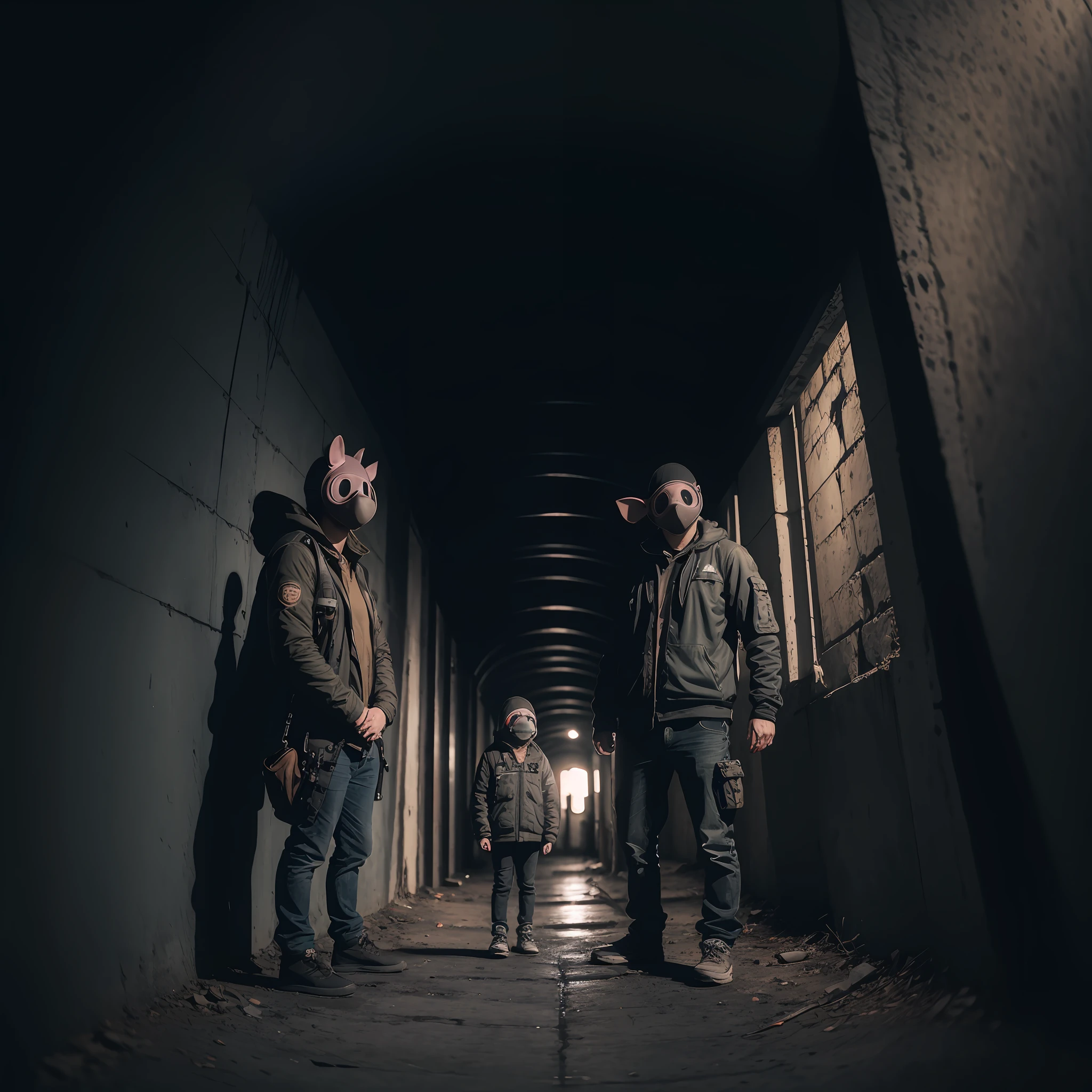 Nevermind's cover, there are two people with pig masks standing next to each other in a tunnel, urban exploring, urban exploration, urbex photography, apocalyptic setting, in a post apocalyptic setting, fisheye photo, in love, wide angle dynamic portrait, by Thomas Häfner, bottom angle, wide angle photography, fisheye effect, fisheye lens photography, fisheye portrait, artistic photography --auto --s2