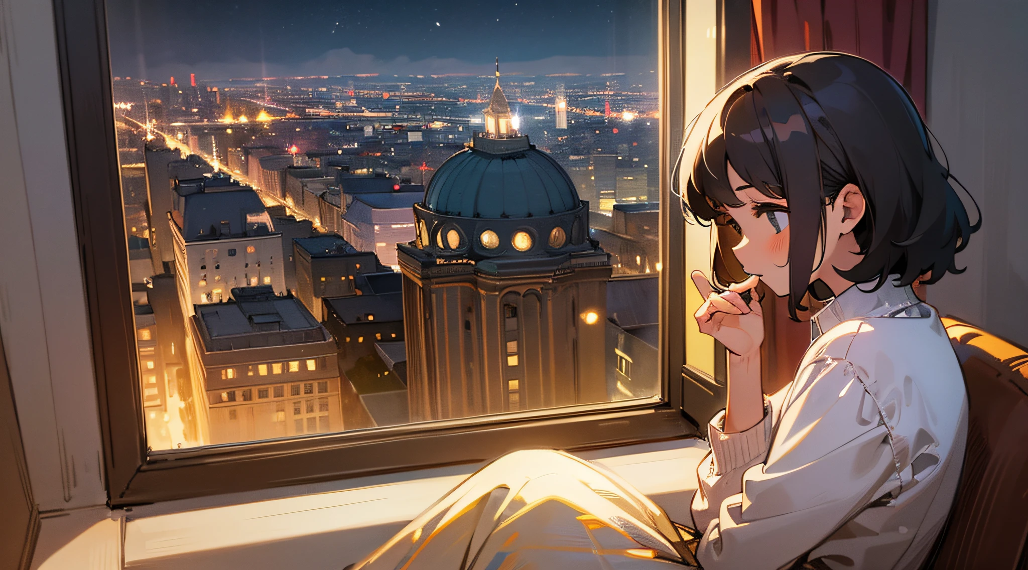 Anime girl sitting on a chair looking out a window at a city - SeaArt AI