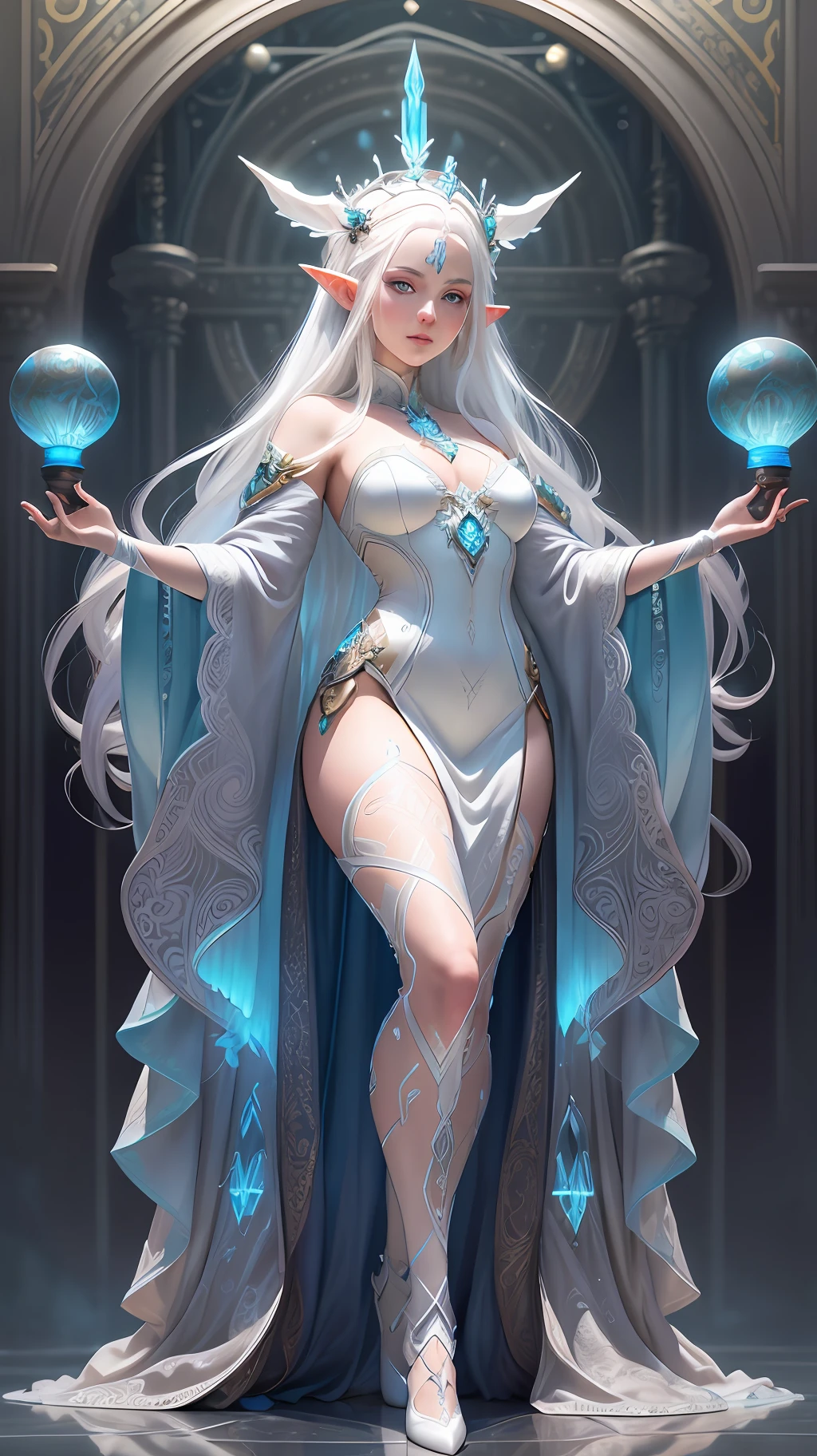 A stunning photorealistic photograph of a beautiful elf woman, ethereal goddess, albino, white hair, white eyebrows, full body, baroque intricate silver headdress, cover, hyperdetailed painting, luminism, Bar lighting, complex, 4k resolution concept art portrait by Greg Rutkowski, Artgerm, WLOP, Alphonse Mucha, little fusion, realistic fantasy, fractal isometrics details bioluminescence, beautiful awesome, 3d render, octane render, intricately detailed, cinematic, trending on artstation | Isometric | Centered hypereallistic cover photo awesome full color, hand drawn, dark, gritty, realistic mucha, klimt, 12k