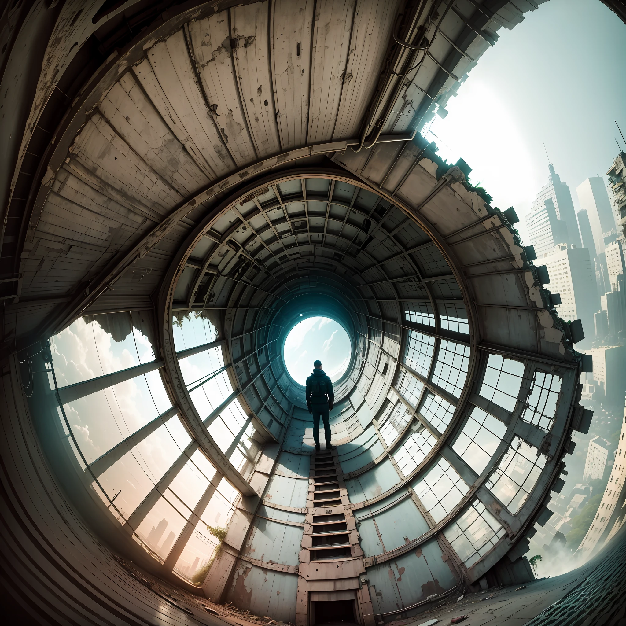 there are two people standing next to each other in a tunnel, urban exploring, urban exploration, urbex photography, apocalyptic setting, in a post apocalyptic setting, fisheye photo, in love, wide angle dynamic portrait, by Thomas Häfner, bottom angle, wide angle photography, fisheye effect, fisheye lens photography, fisheye portrait, artistic photography --auto --s2