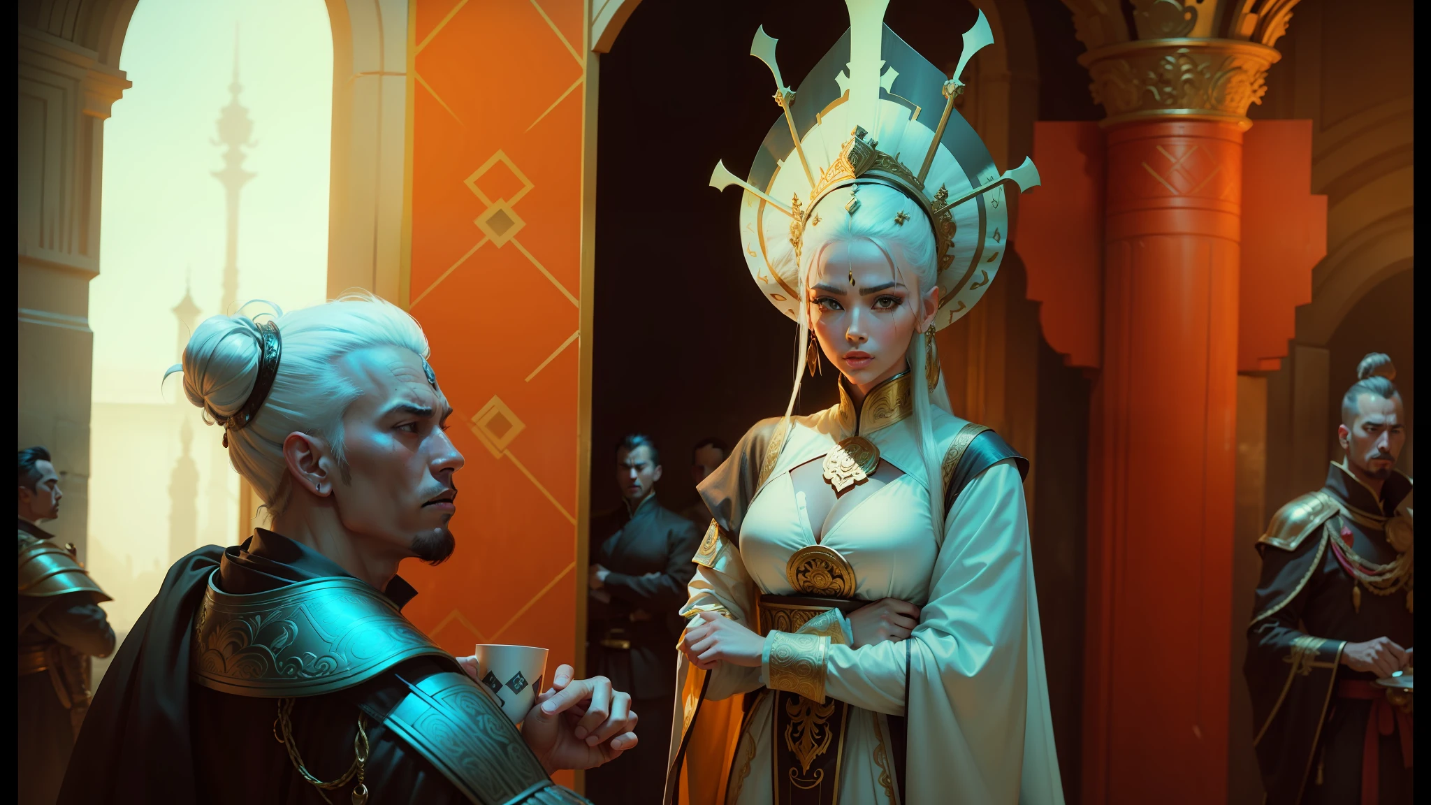arafed woman in a costume and a man in a costume, style of maciej kuciara, film still of kim kardashian, dressed as emperor, die antwoord music video, ornate cosplay, galactic deity, production photo, 70mm film screenshot, google arts and cultures, 2 0 1 5 cinematography, brom redshift, wuxia --auto --s2