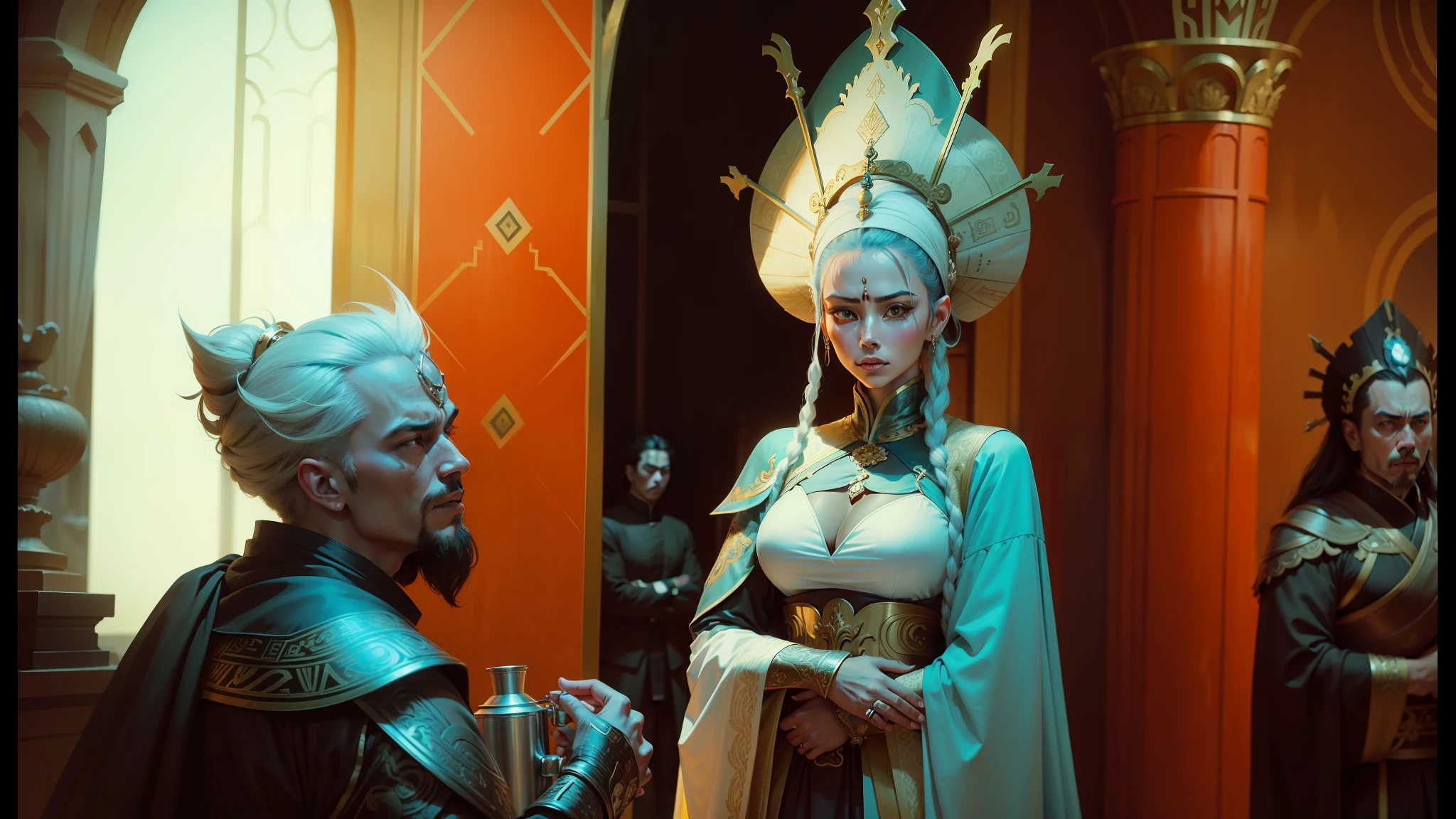 arafed woman in a costume and a man in a costume, style of maciej kuciara, film still of kim kardashian, dressed as emperor, die antwoord music video, ornate cosplay, galactic deity, production photo, 70mm film screenshot, google arts and cultures, 2 0 1 5 cinematography, brom redshift, wuxia --auto --s2