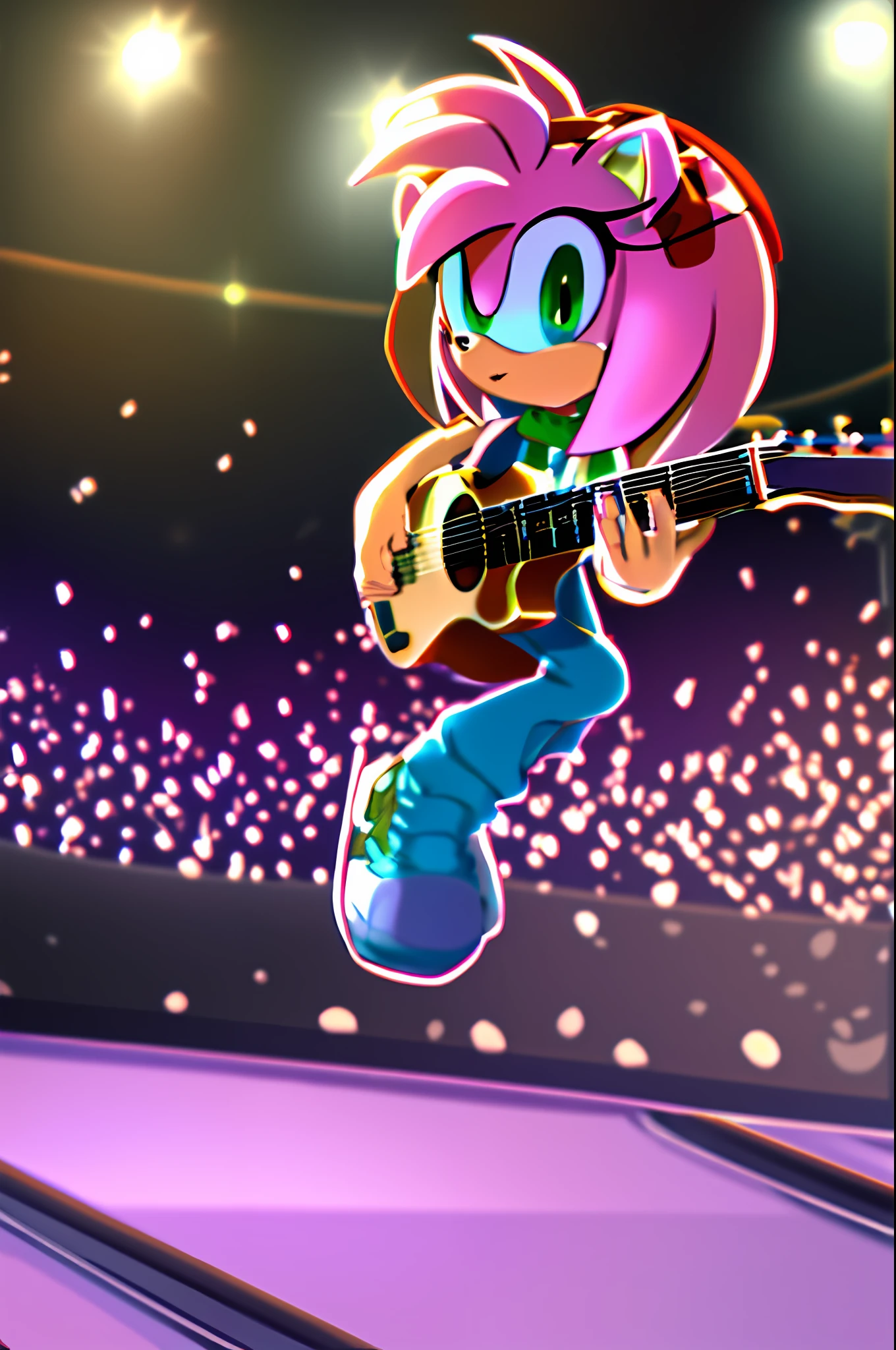 amy rose, full body, guitar, stage, jumping, crowd, casual clothes, masterpiece, soft lighting, very detailed, detailed background, field of view, intricate details, pastel  at the  hollywood bowl