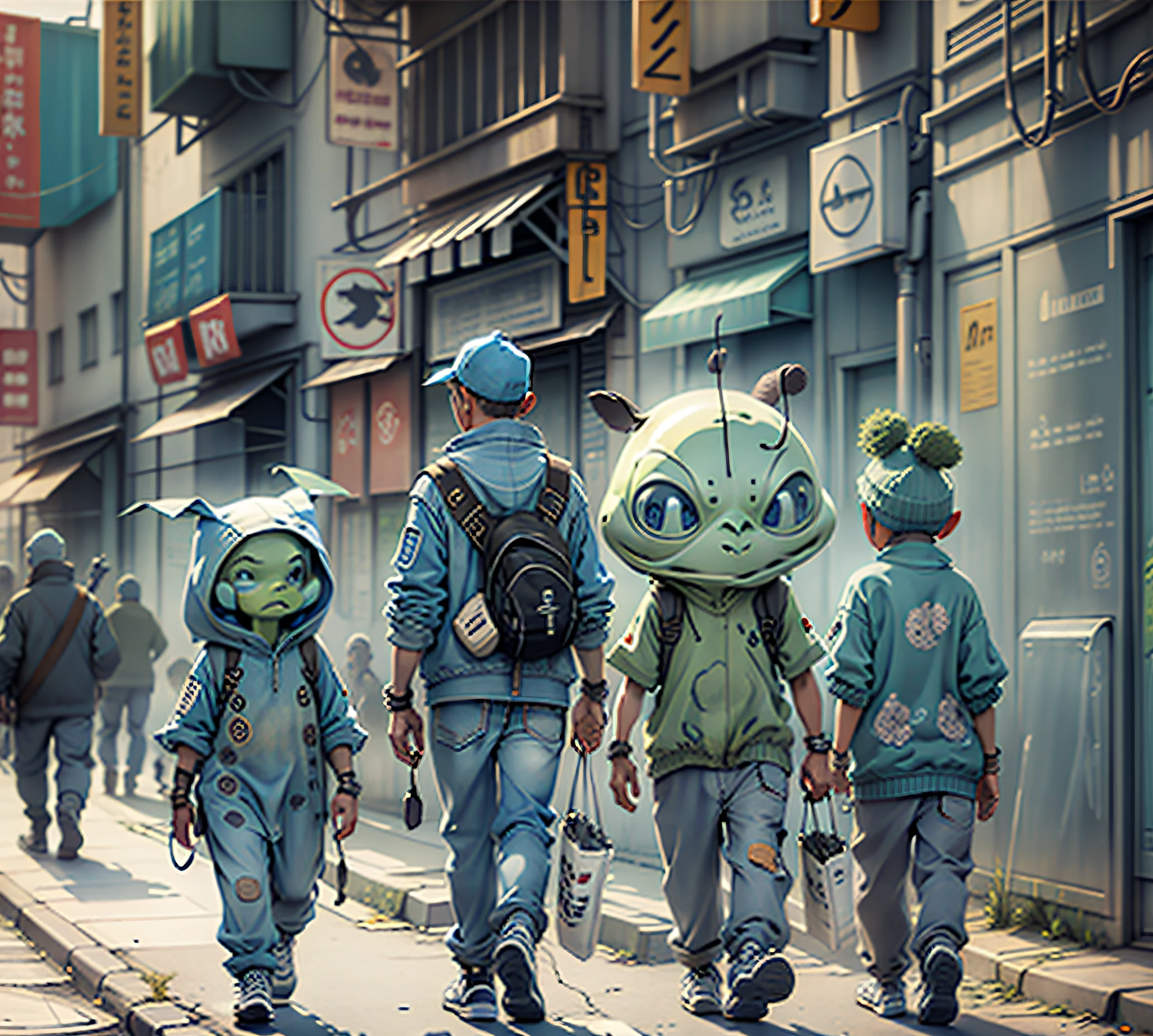 Humans and aliens walking the streets